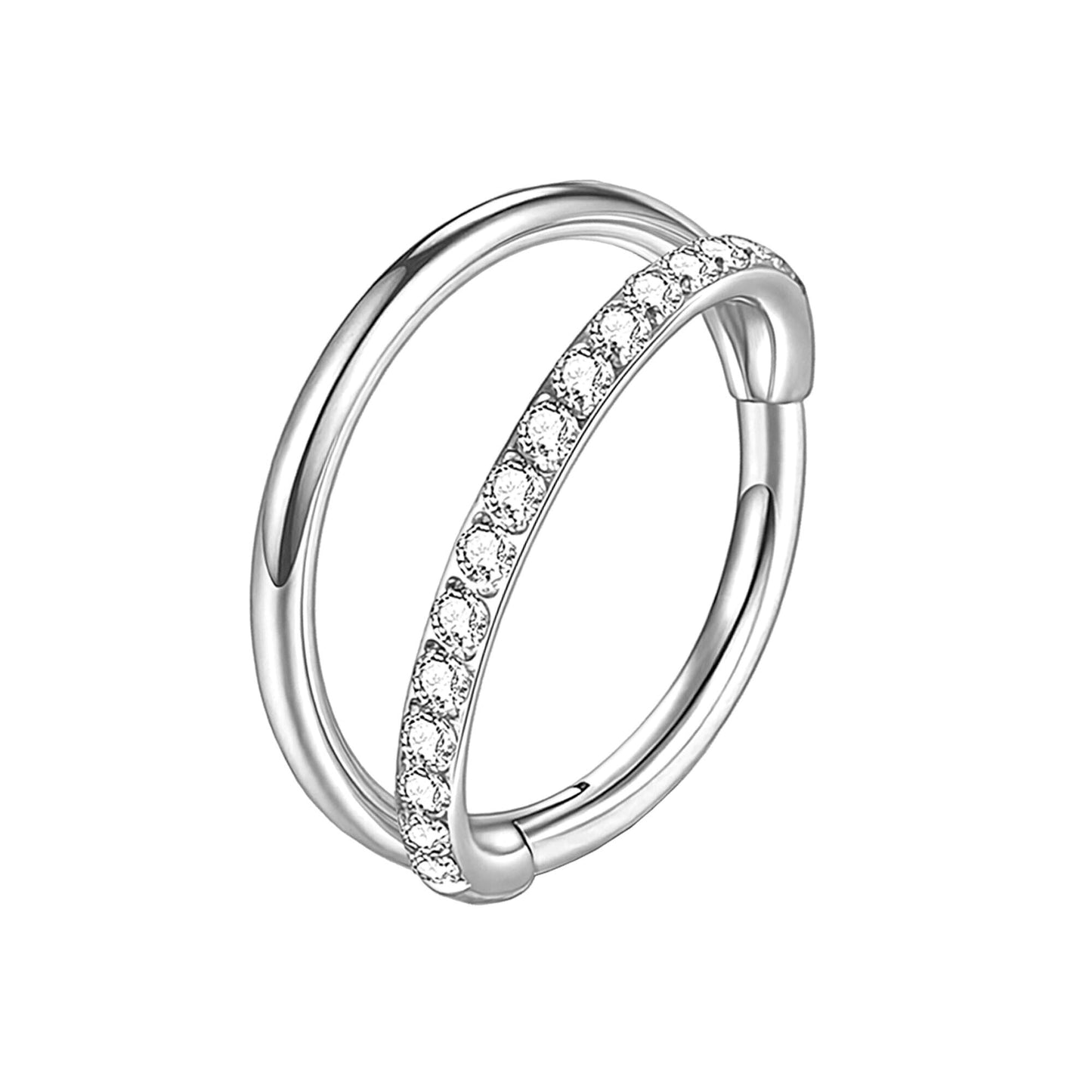Titanium Clicker Ring with Double Hoops and One Hoop CZ
