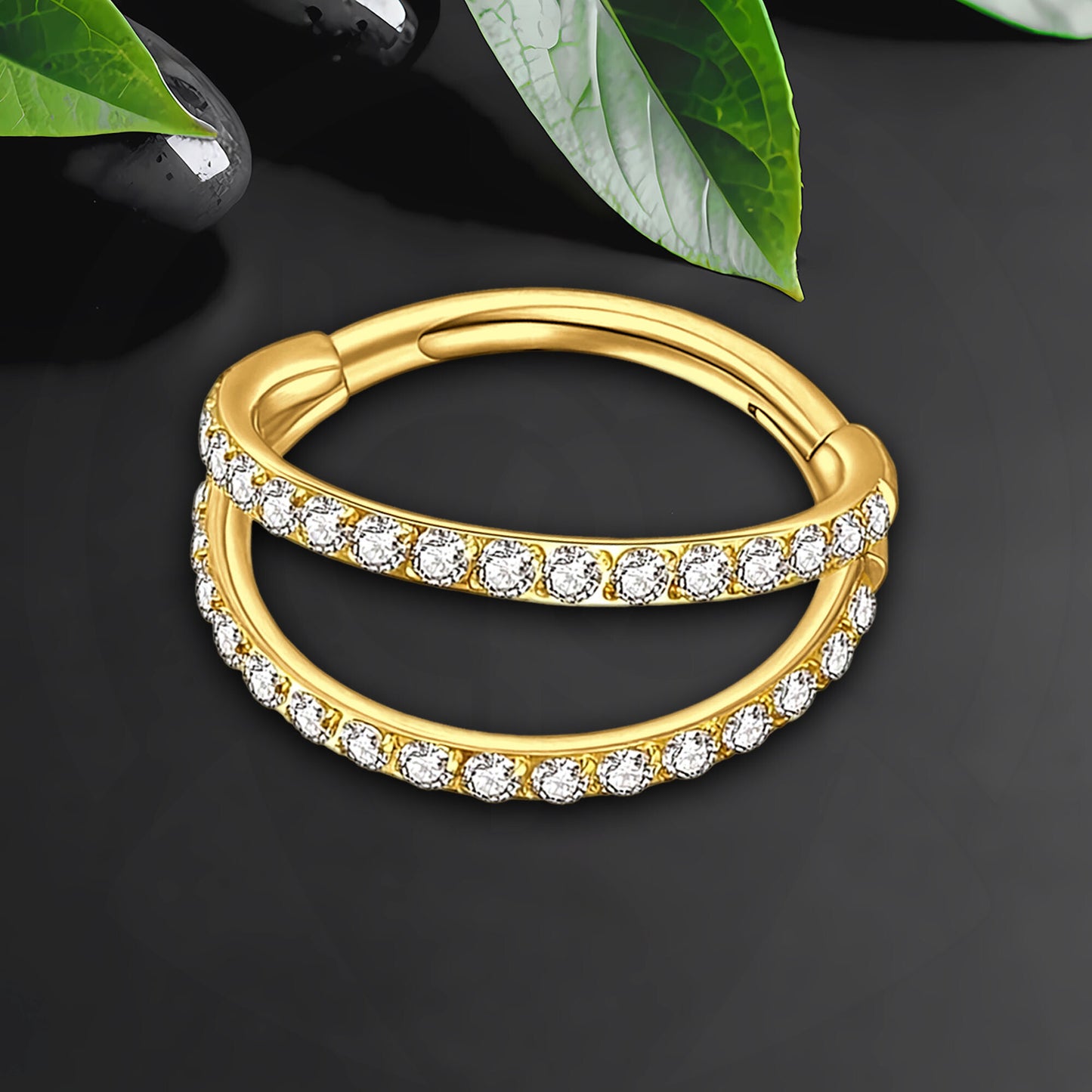 Titanium Clicker Ring in Double Hoops Style and Zirconia