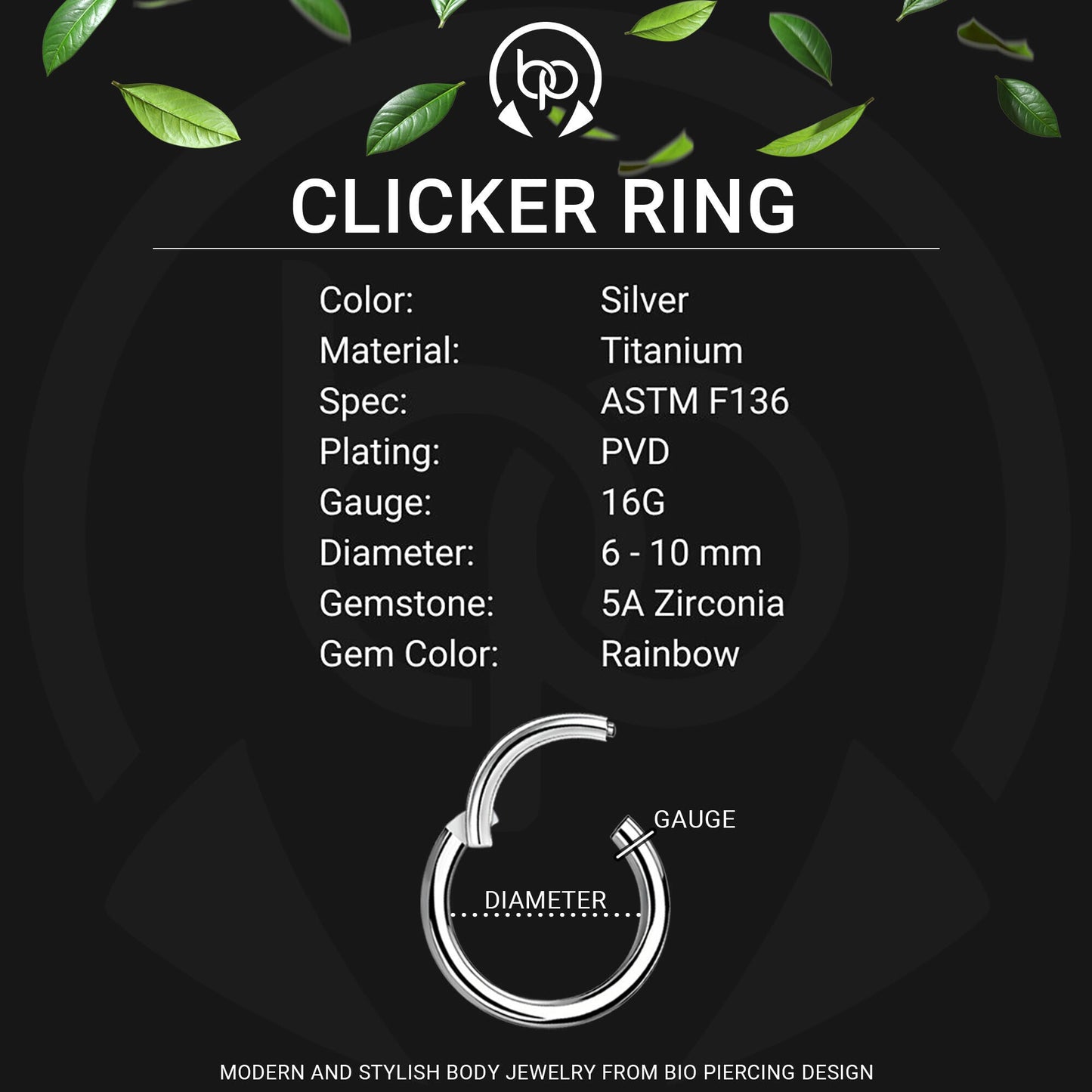 Titanium Clicker Ring in Classic Style with Rainbow Zirconia