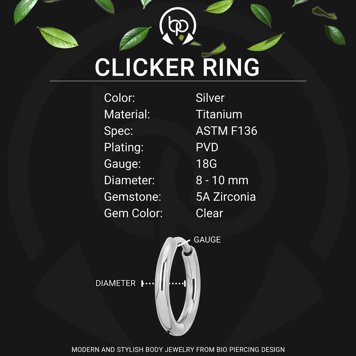 Titanium Clicker Ring in Classic Earring Style and Clear CZ