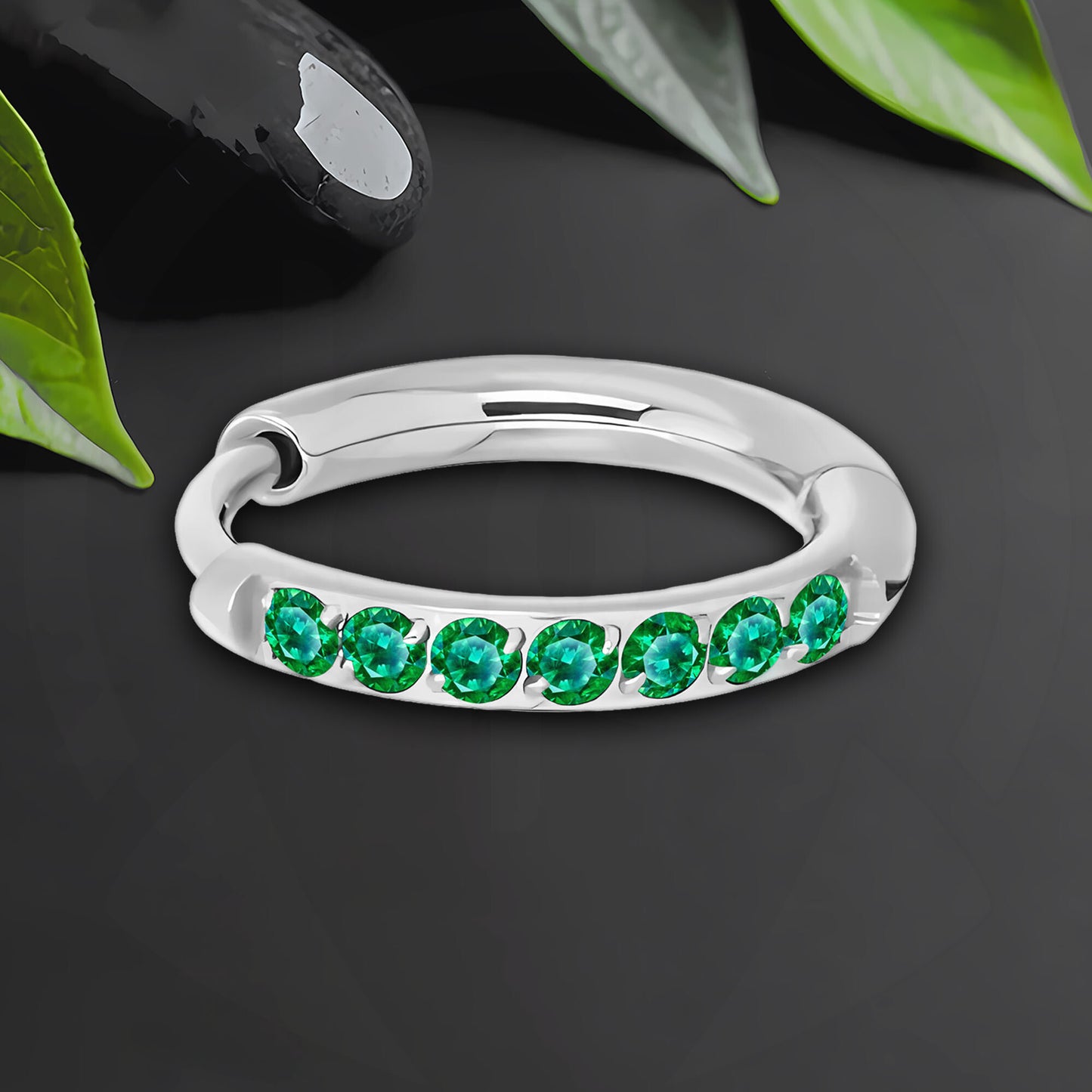 Titanium Clicker Ring in Classic Earring Style and Green CZ