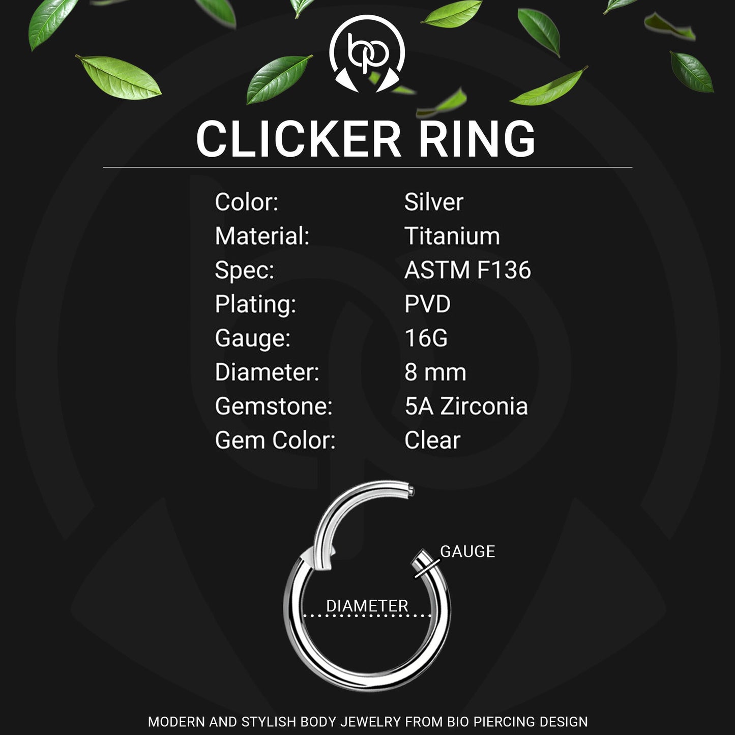 Titanium Clicker Ring with Dual Chains and Zirconia