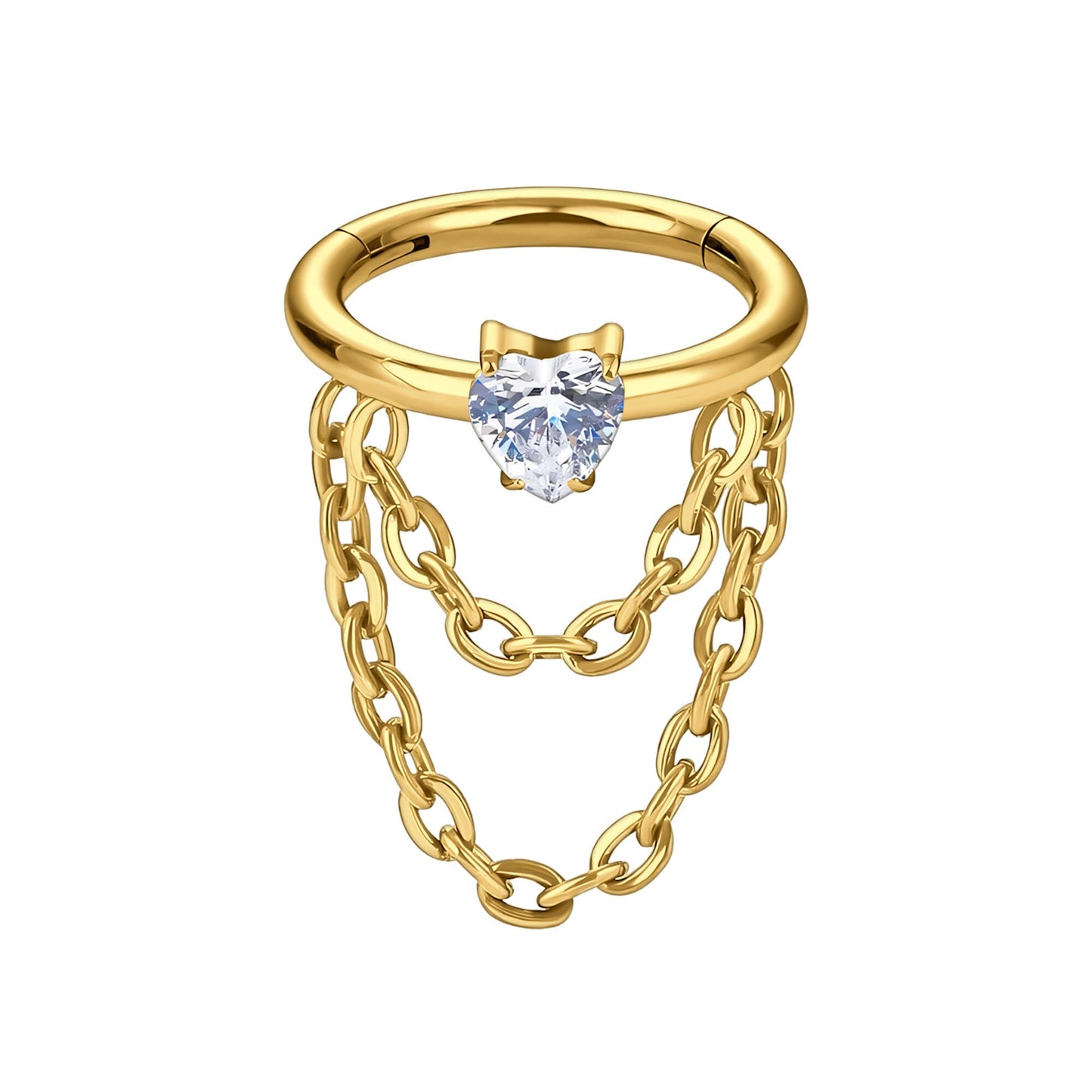 Titanium Clicker Ring with Chains and Crystal Heart