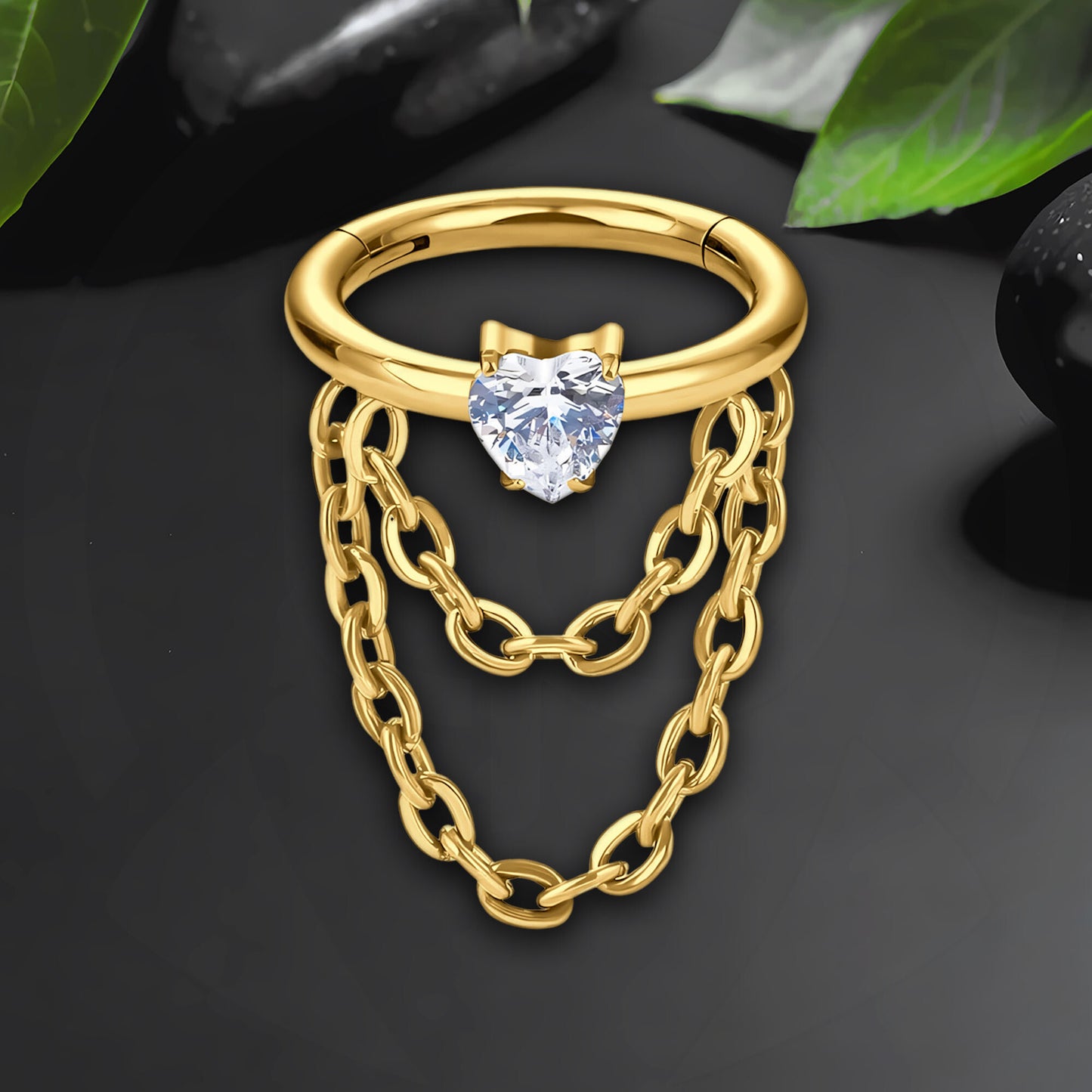 Titanium Clicker Ring with Chains and Crystal Heart