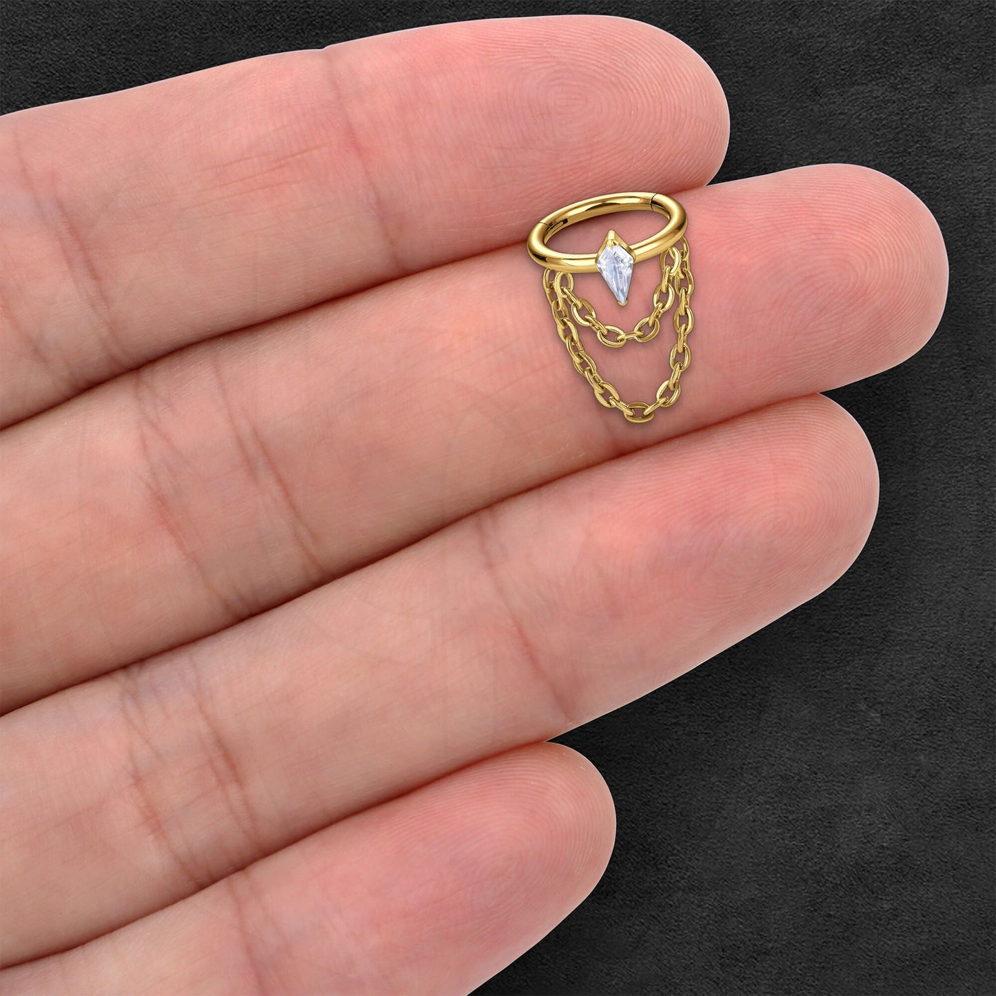 Titanium Clicker Ring with Chains and Crystal Rhombus