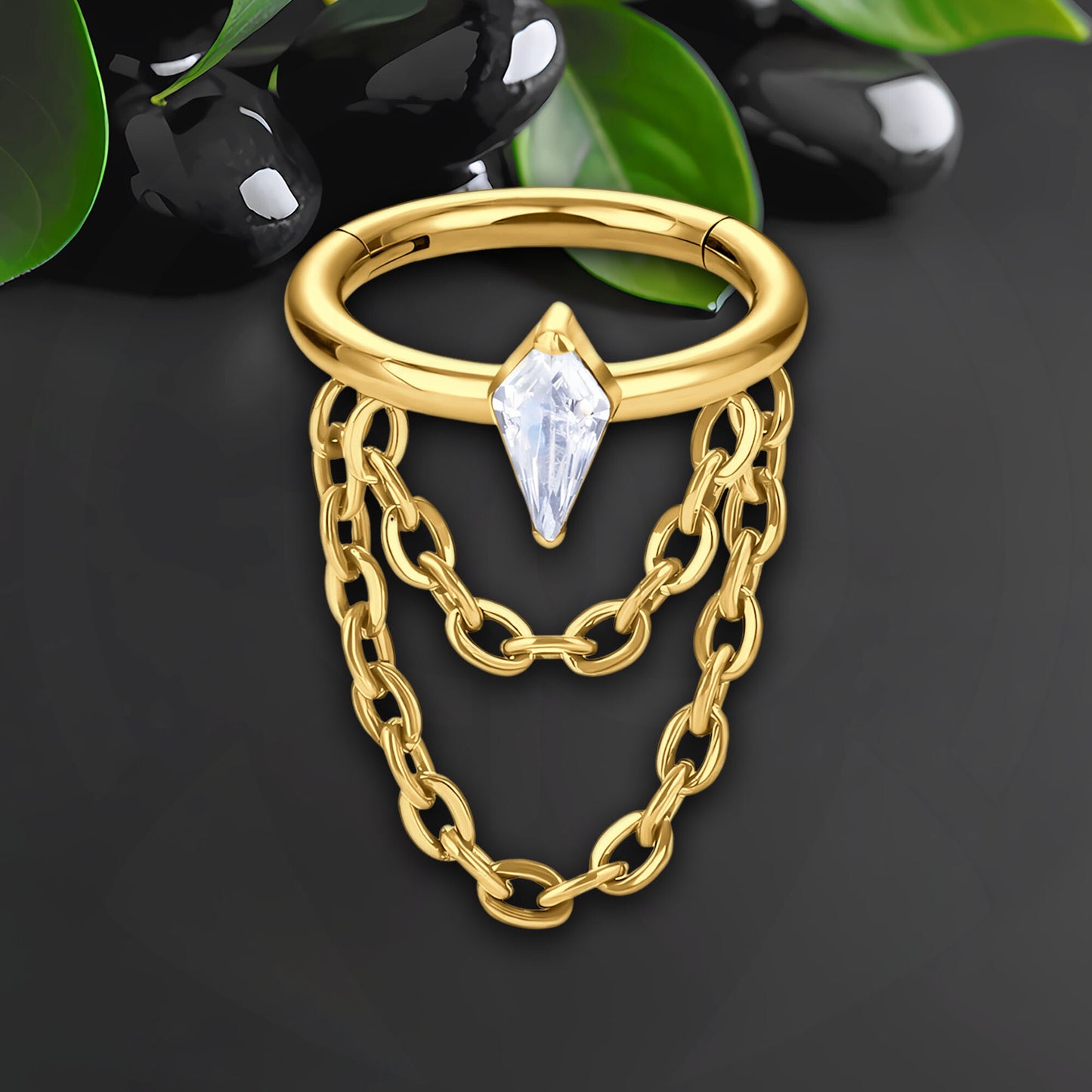 Titanium Clicker Ring with Chains and Crystal Rhombus