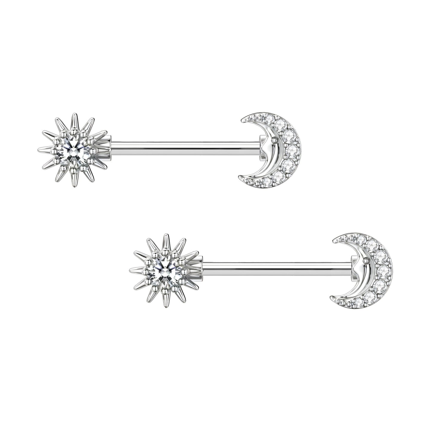 Surgical Steel Nipple Jewelry with Crystal Moon and Sun