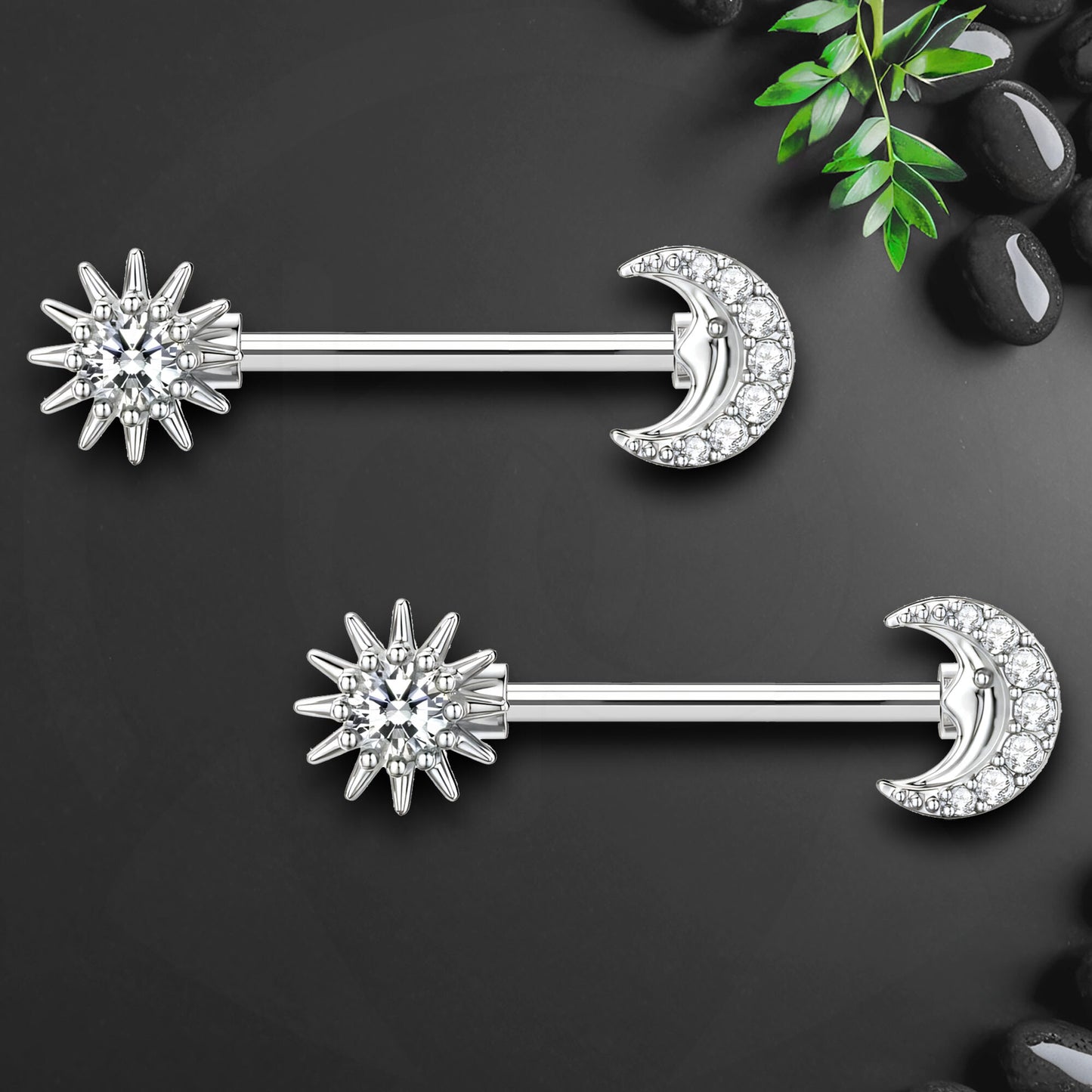 Surgical Steel Nipple Jewelry with Crystal Moon and Sun