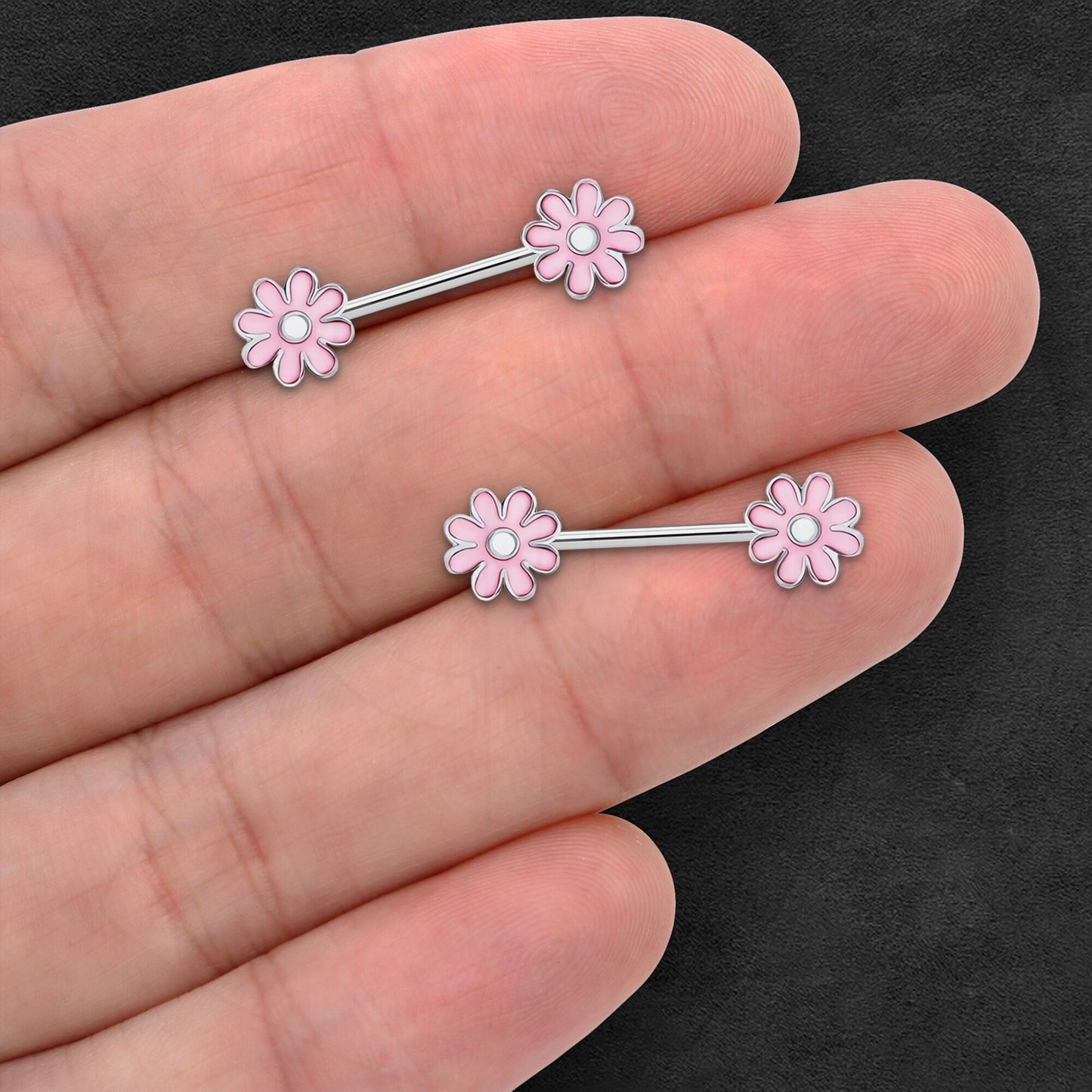Surgical Steel Nipple Jewelry with Pink Flowers