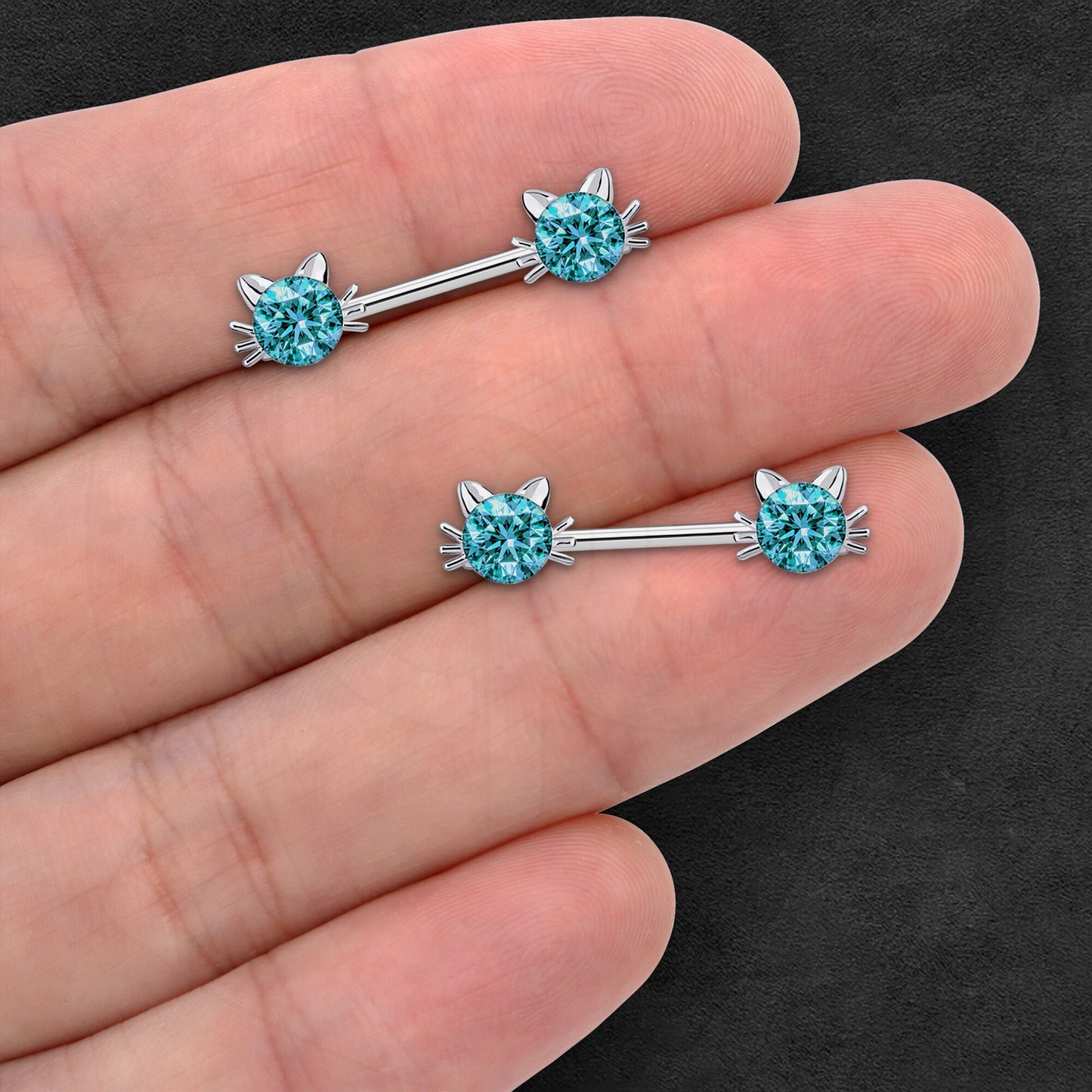 Surgical Steel Nipple Jewelry with Crystal Cat Face