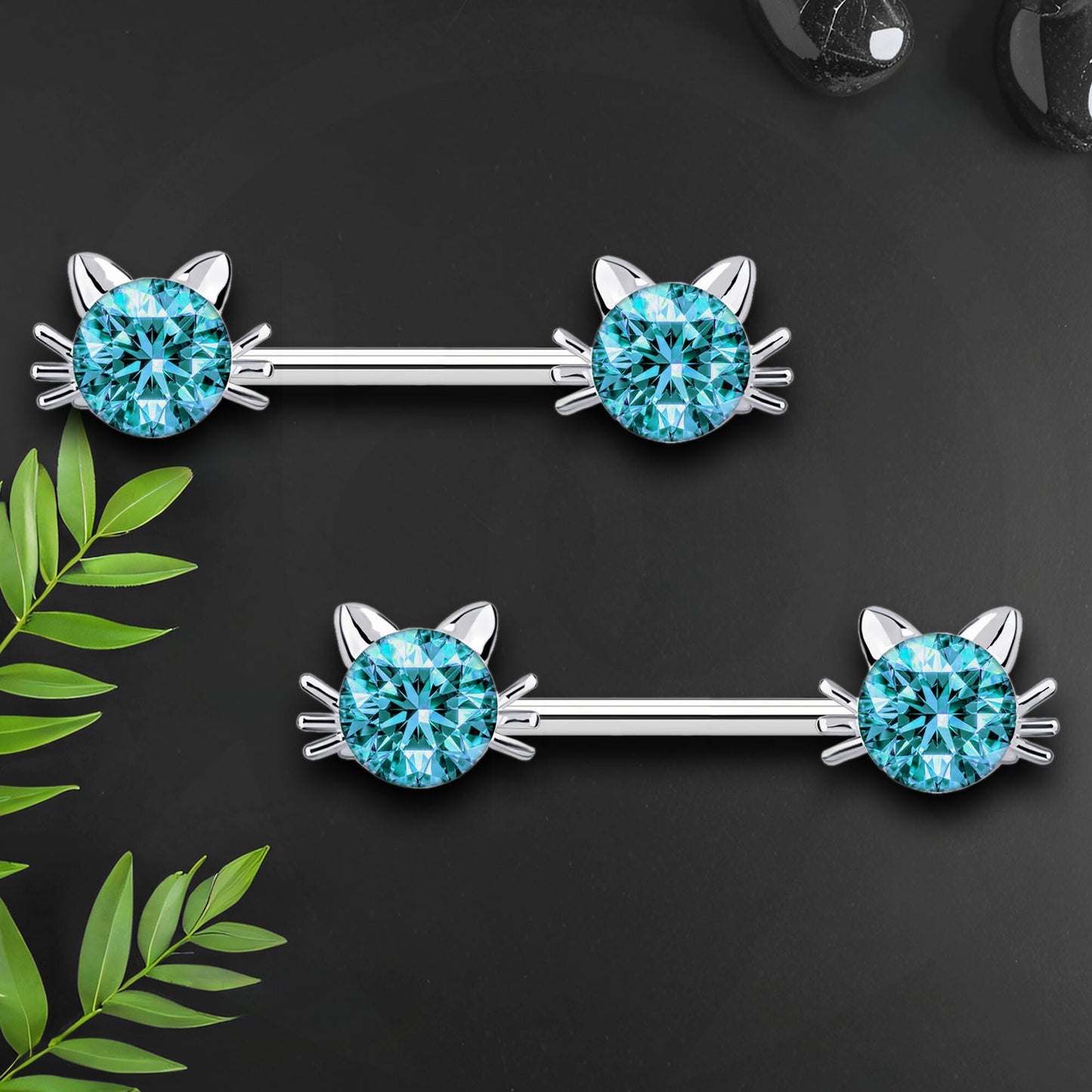 Surgical Steel Nipple Jewelry with Crystal Cat Face