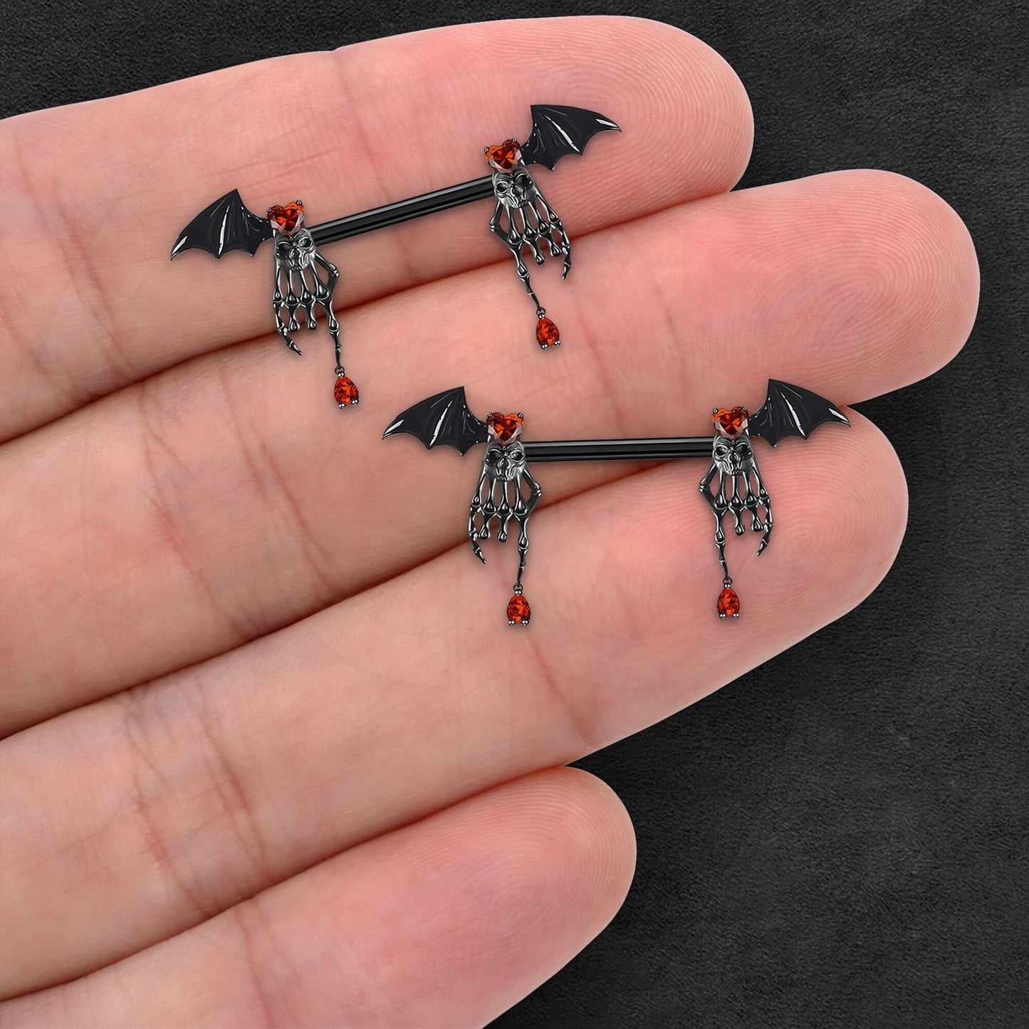 Surgical Steel Nipple Jewelry with Death Hands and Red CZ