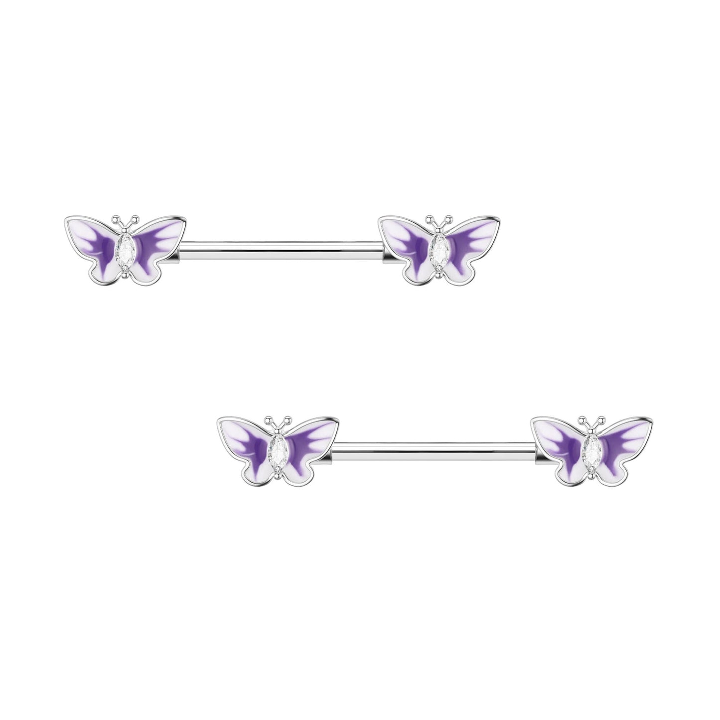 Surgical Steel Nipple Jewelry with Violet Butterflies and CZ