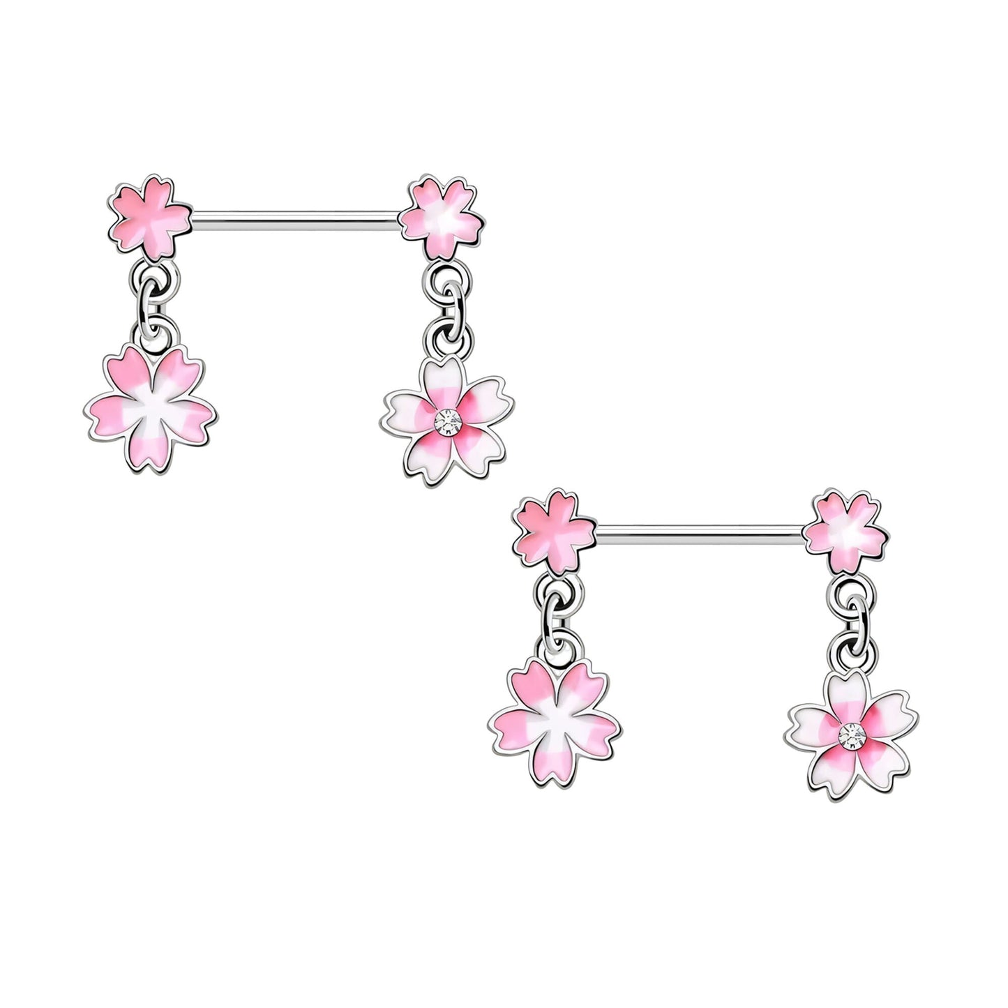 Surgical Steel Nipple Jewelry with White and Pink Flowers