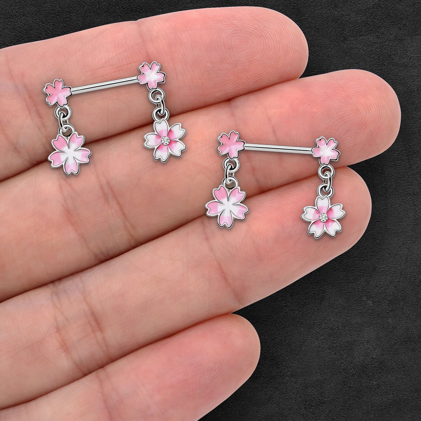 Surgical Steel Nipple Jewelry with White and Pink Flowers