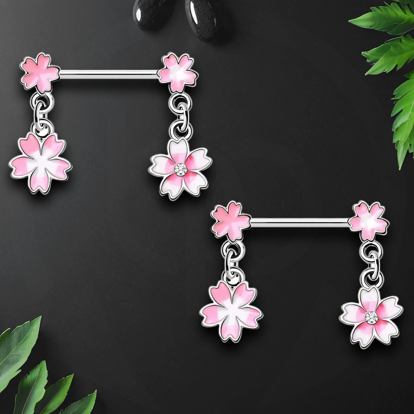 Surgical Steel Nipple Jewelry with White and Pink Flowers