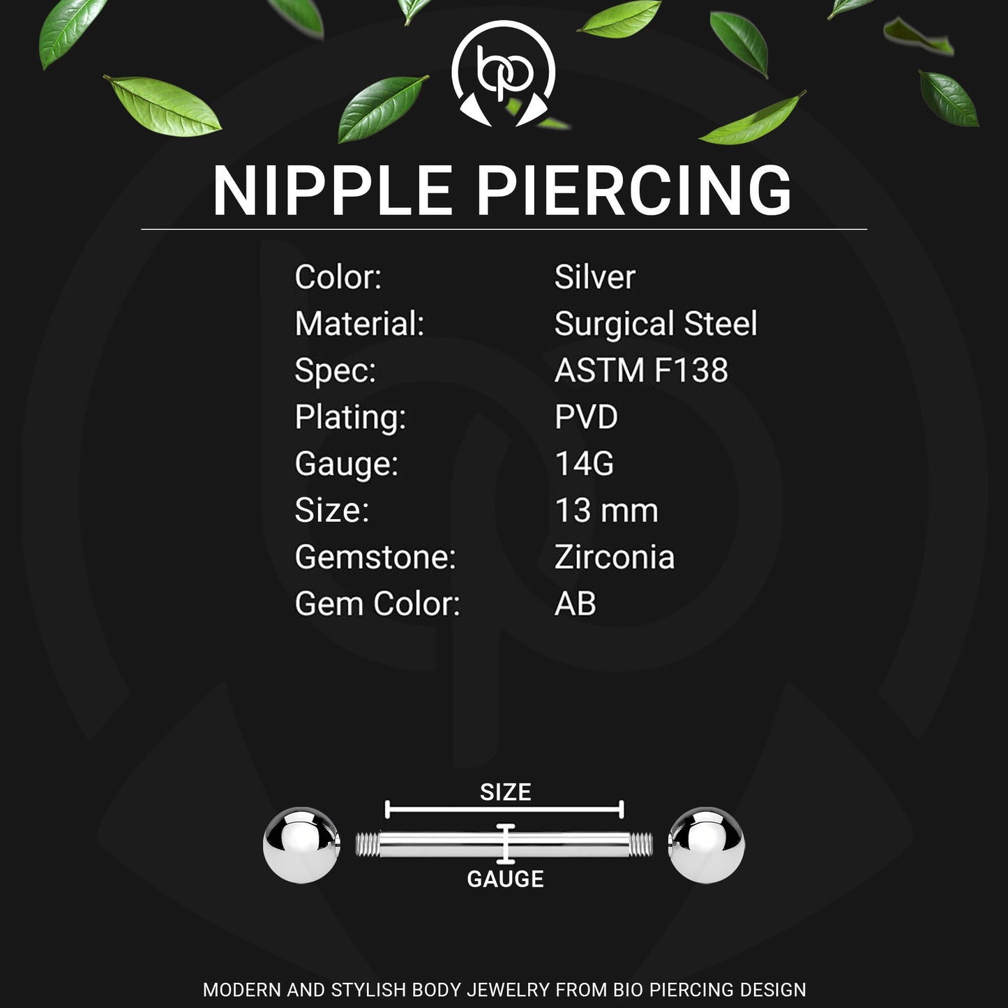 Surgical Steel Nipple Jewelry with Butterfly and Zirconia