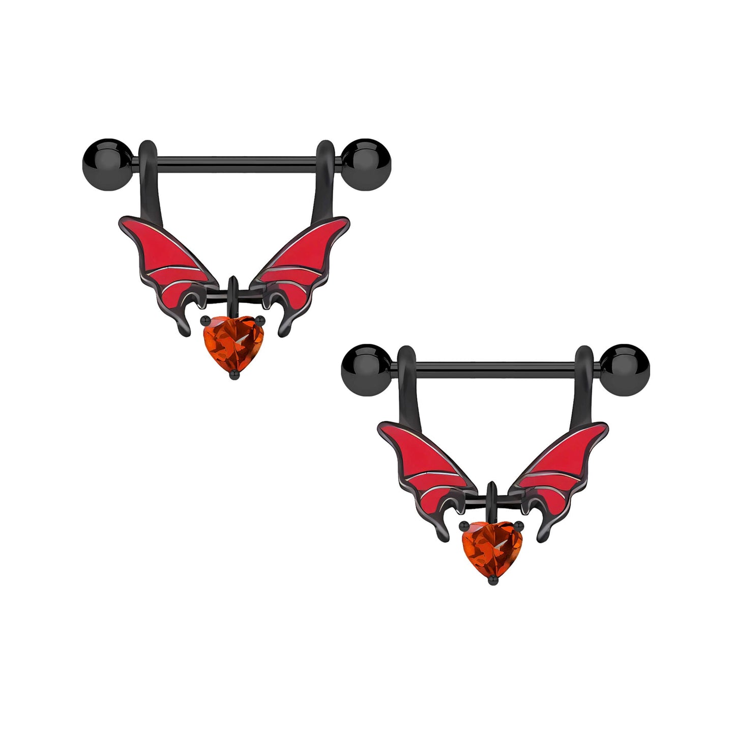 Surgical Steel Nipple Jewelry with Wings and Red Heart