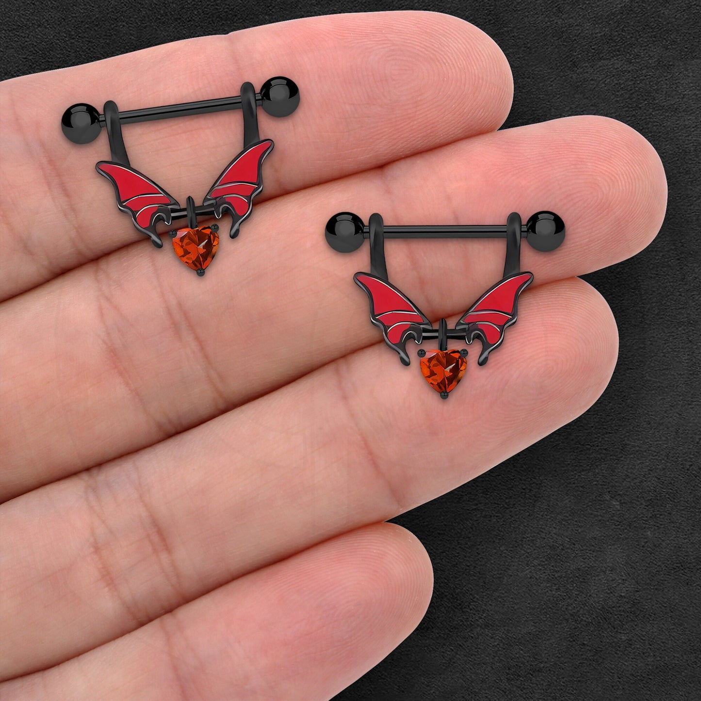 Surgical Steel Nipple Jewelry with Wings and Red Heart