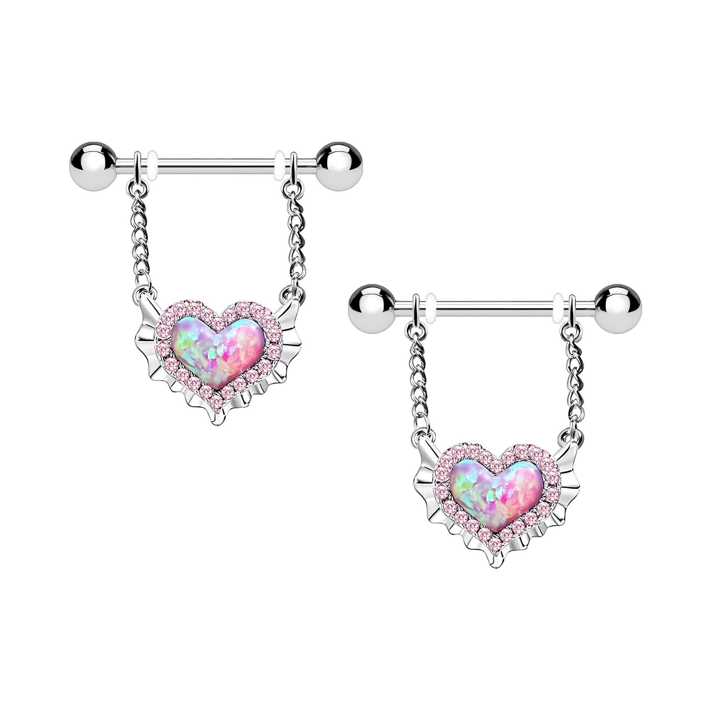Surgical Steel Nipple Jewelry with Rainbow Opal Heart