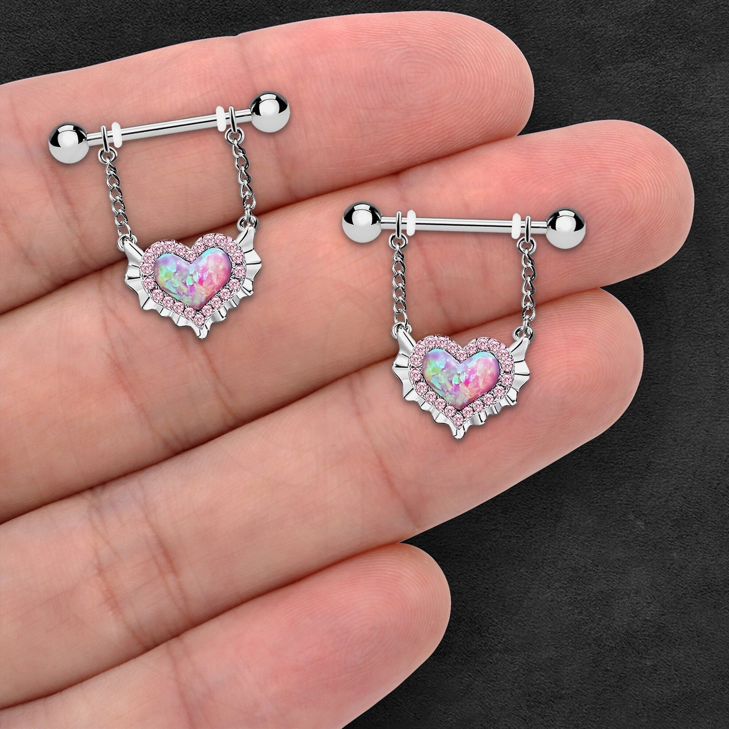 Surgical Steel Nipple Jewelry with Rainbow Opal Heart