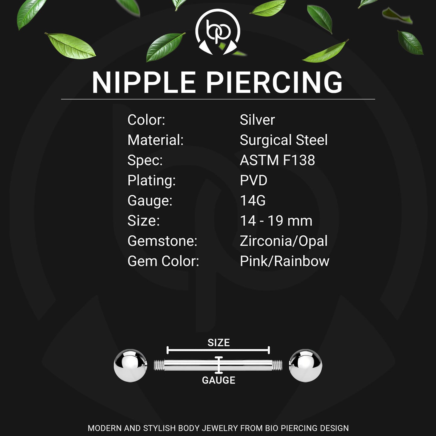 Surgical Steel Nipple Jewelry with Rainbow Opal Heart