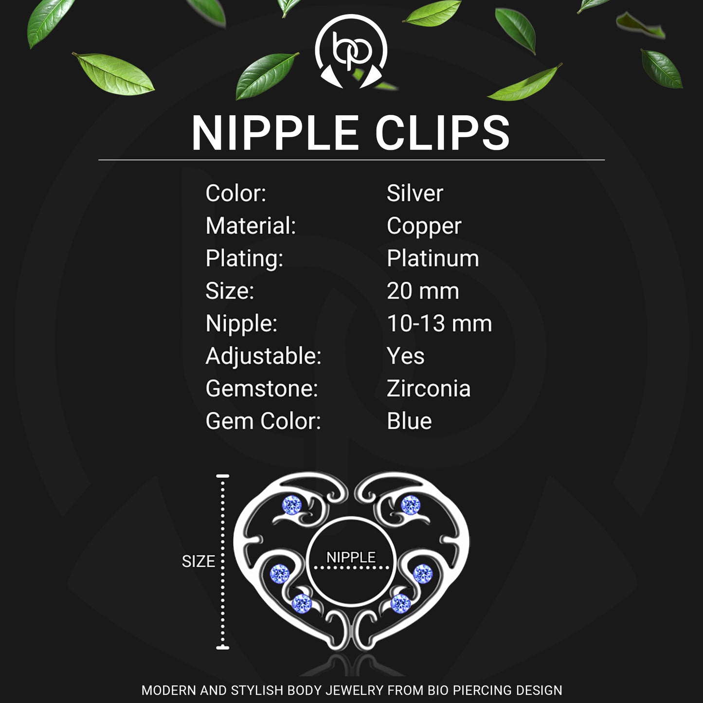 Silver Plated Nipple Clips in Heart Shape with Zirconia