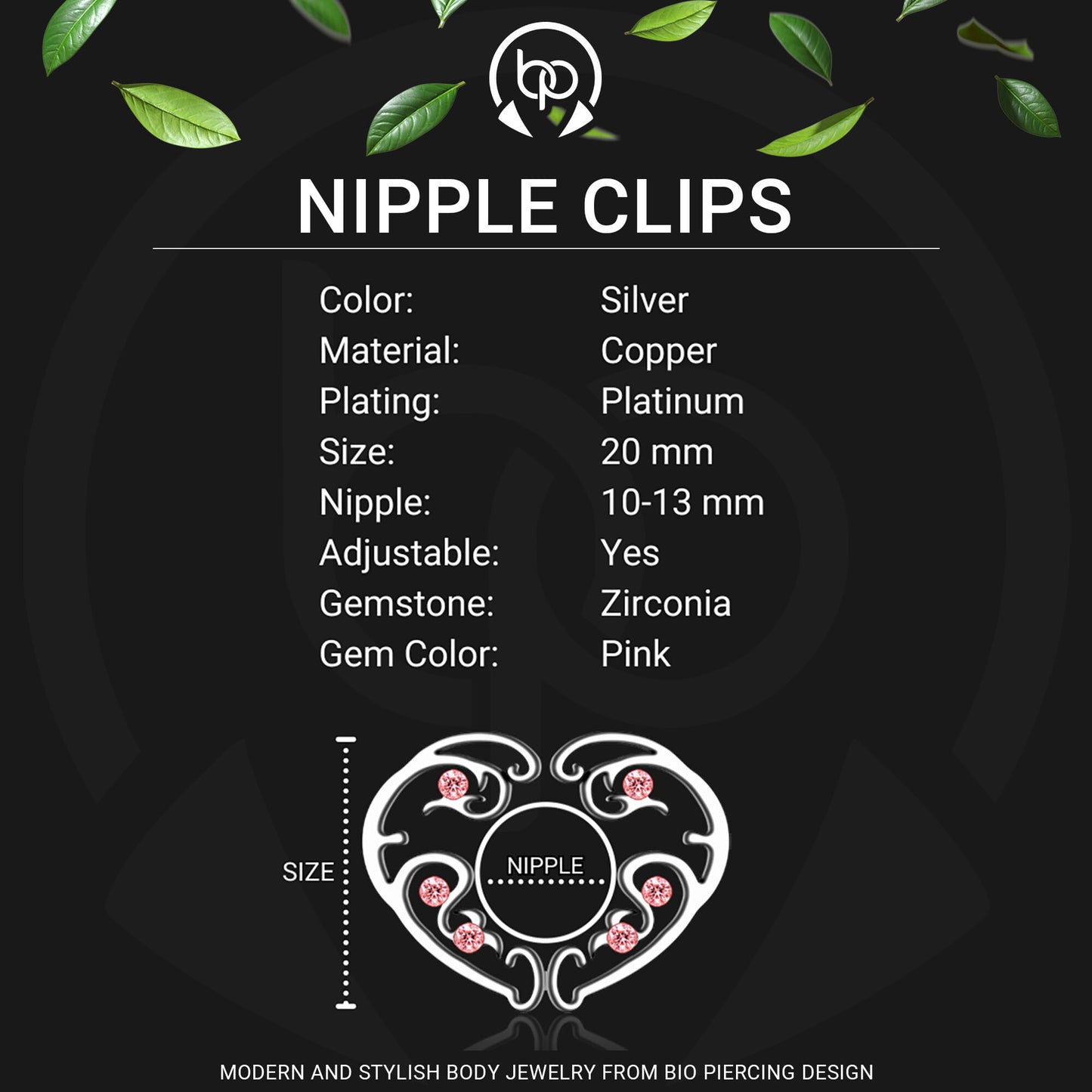 Silver Plated Nipple Clips in Heart Shape with Zirconia