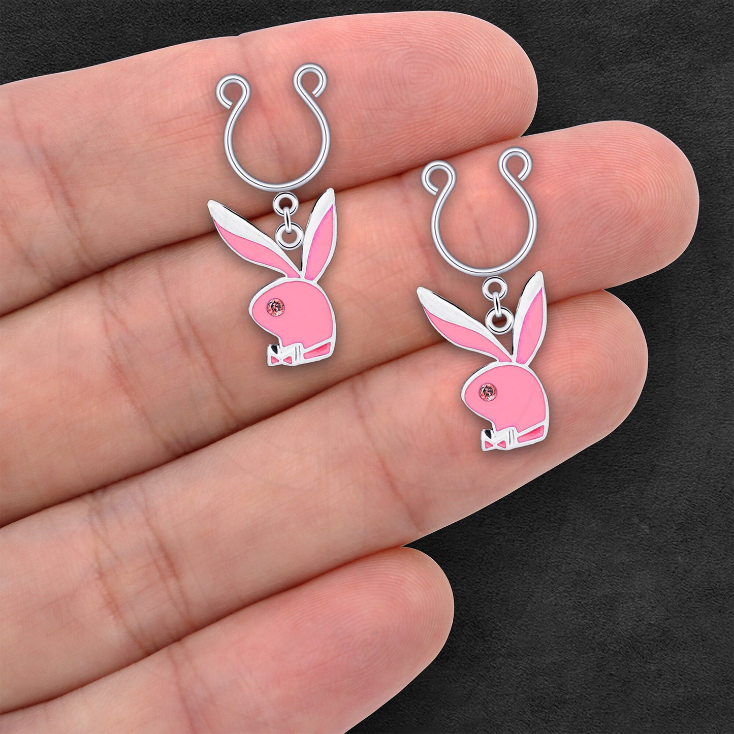 Silver Plated Nipple Clips with Pink Rabbits
