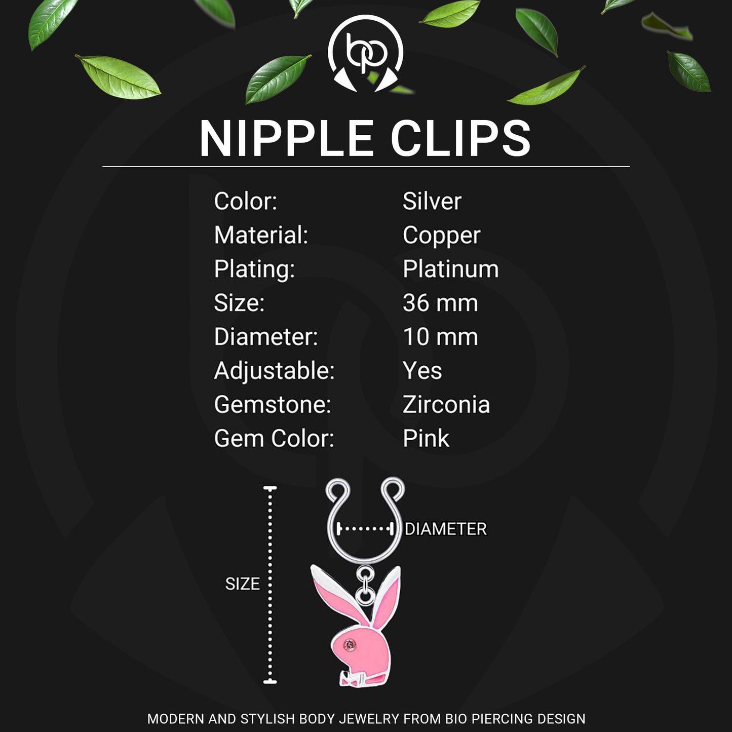 Silver Plated Nipple Clips with Pink Rabbits