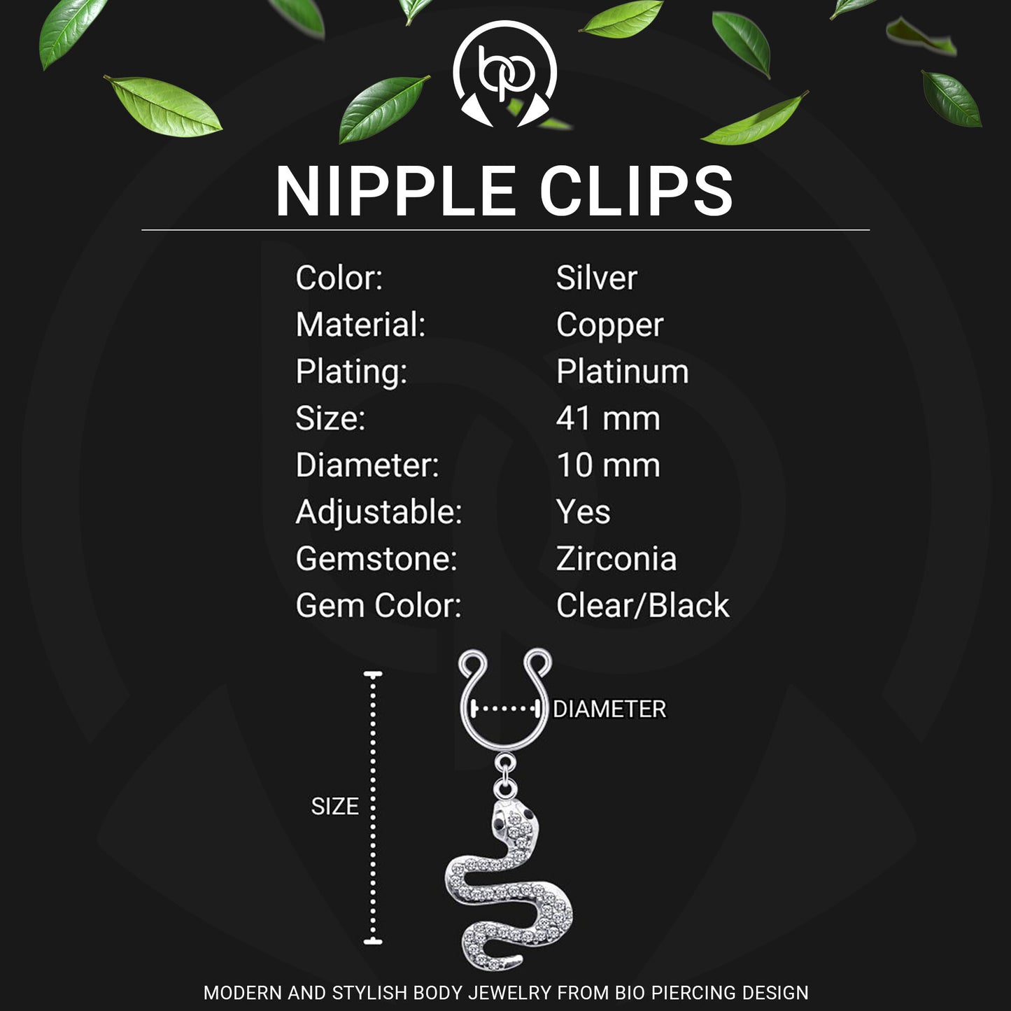 Silver Plated Nipple Clips with Crystal Snake
