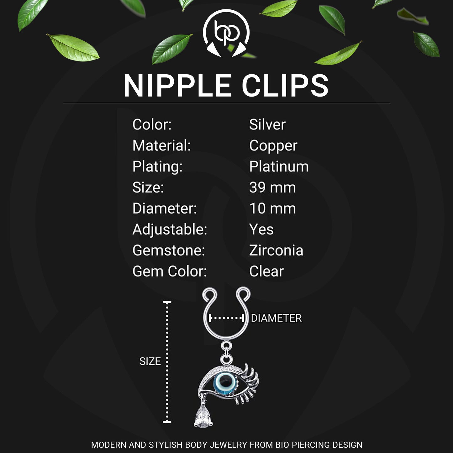 Silver Plated Nipple Clips with Eye and Tear