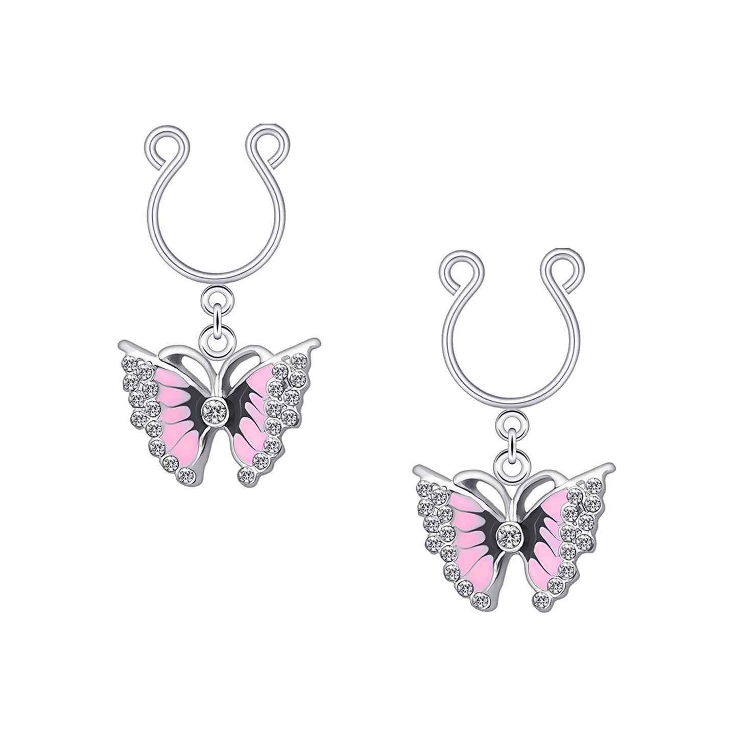 Silver Plated Nipple Clips with Pink Butterflies and CZ