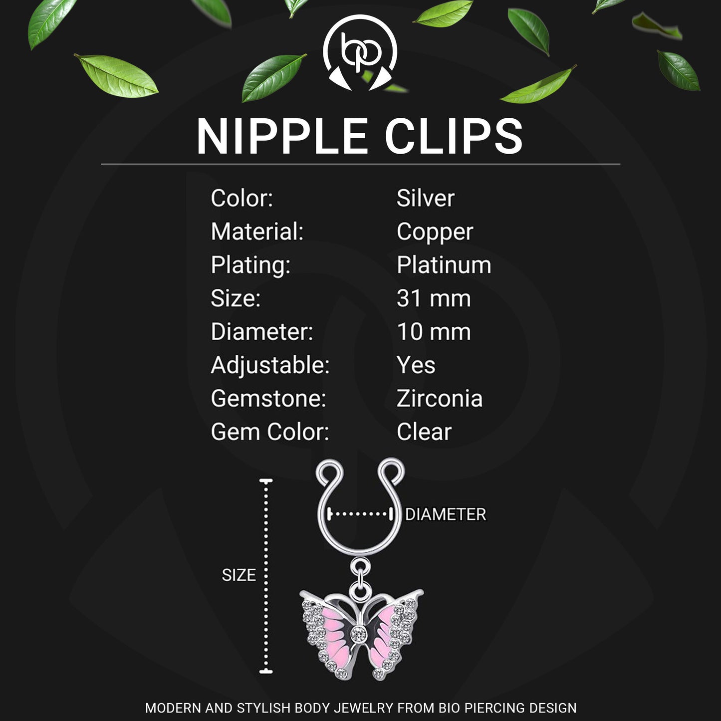 Silver Plated Nipple Clips with Pink Butterflies and CZ