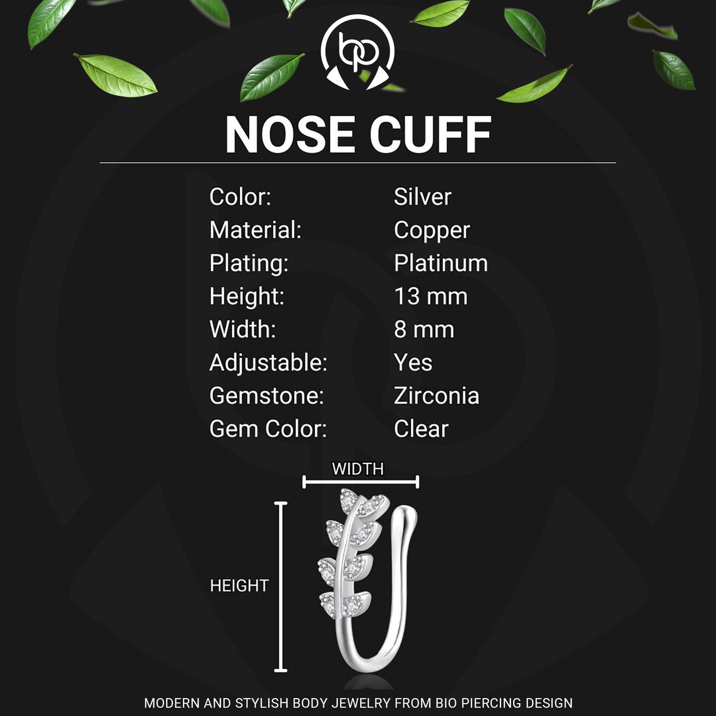 Silver Plated Nose Cuff with Leaves