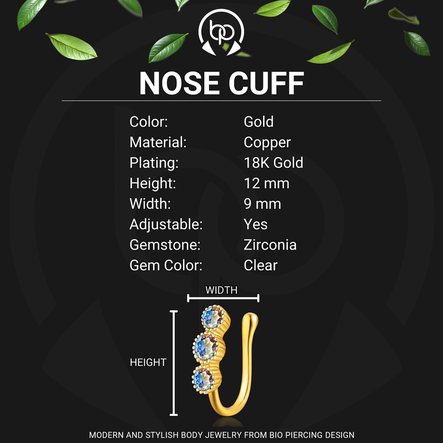 Gold Plated Nose Cuff with Three CZ