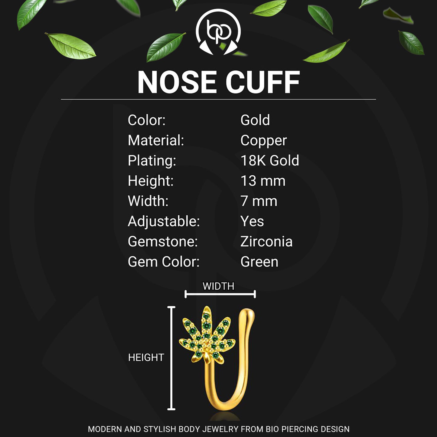 Gold Plated Nose Cuff with Weed Leaf