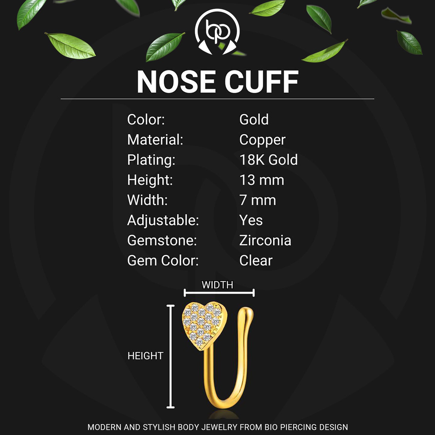 Gold Plated Nose Cuff with Heart