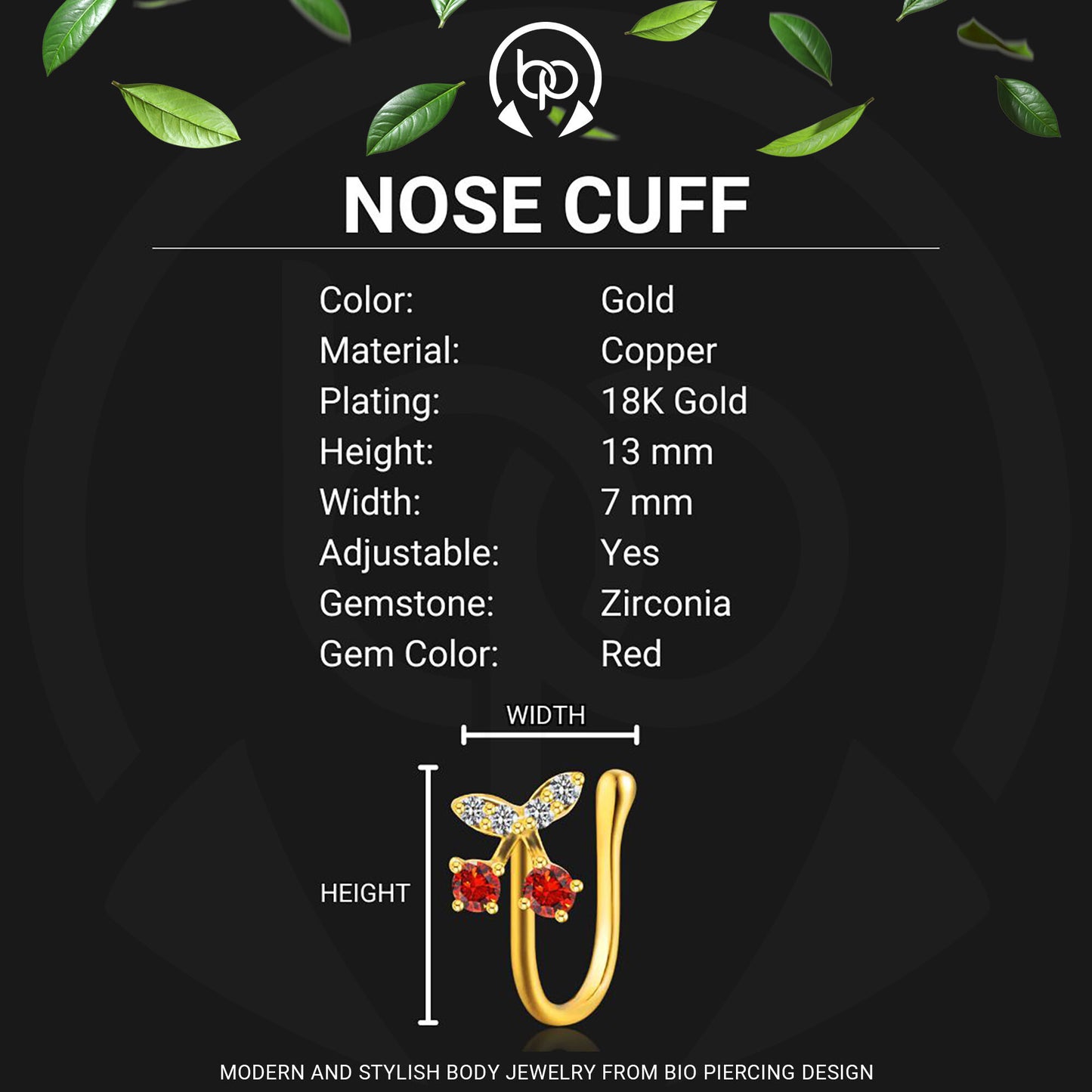 Gold Plated Nose Cuff with Cherries