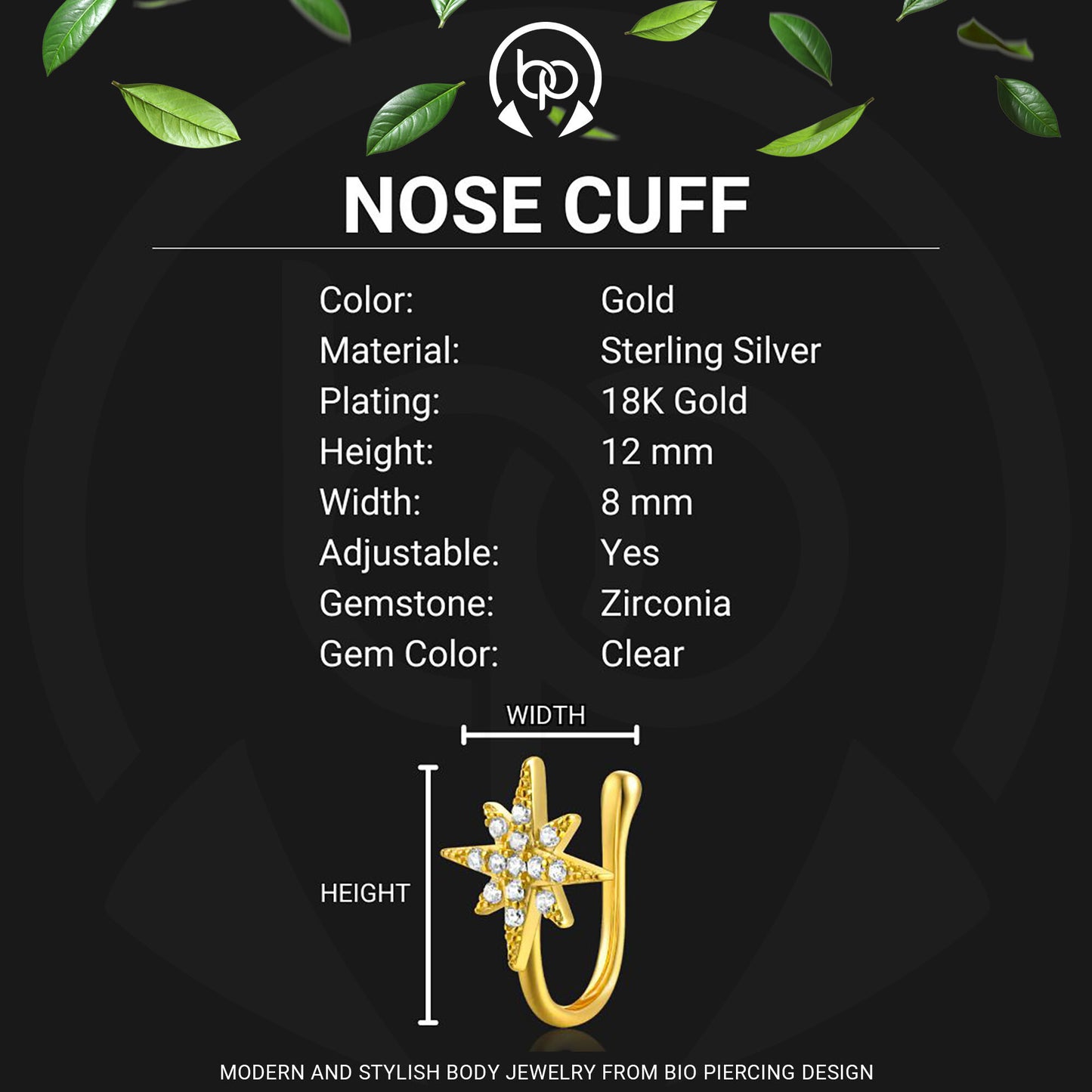 Sterling Silver Nose Cuff with Star