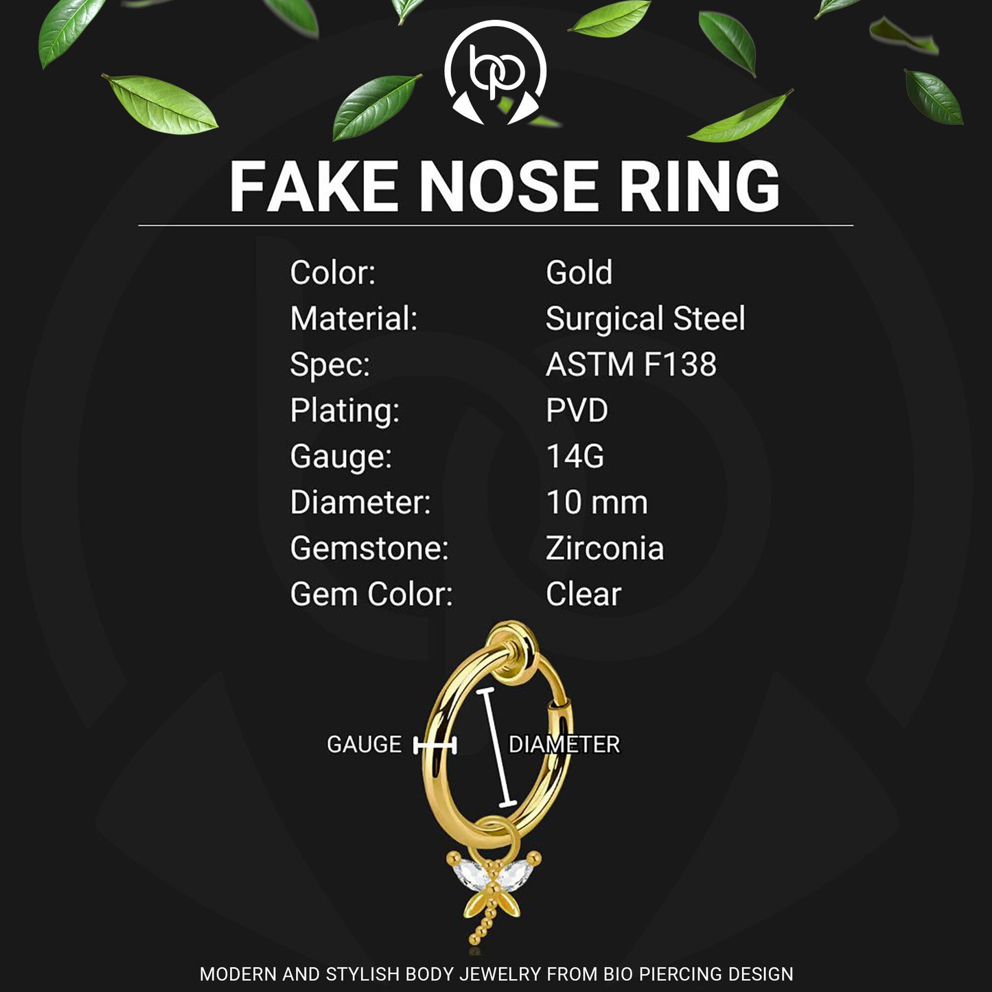 Surgical Steel Fake Ring with Dragonfly Dangle