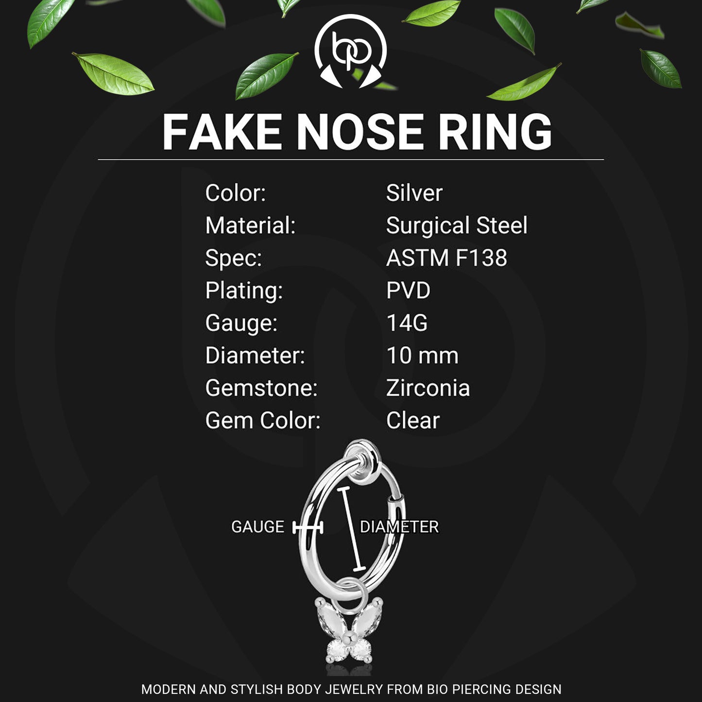 Surgical Steel Fake Ring with Butterfly Dangle