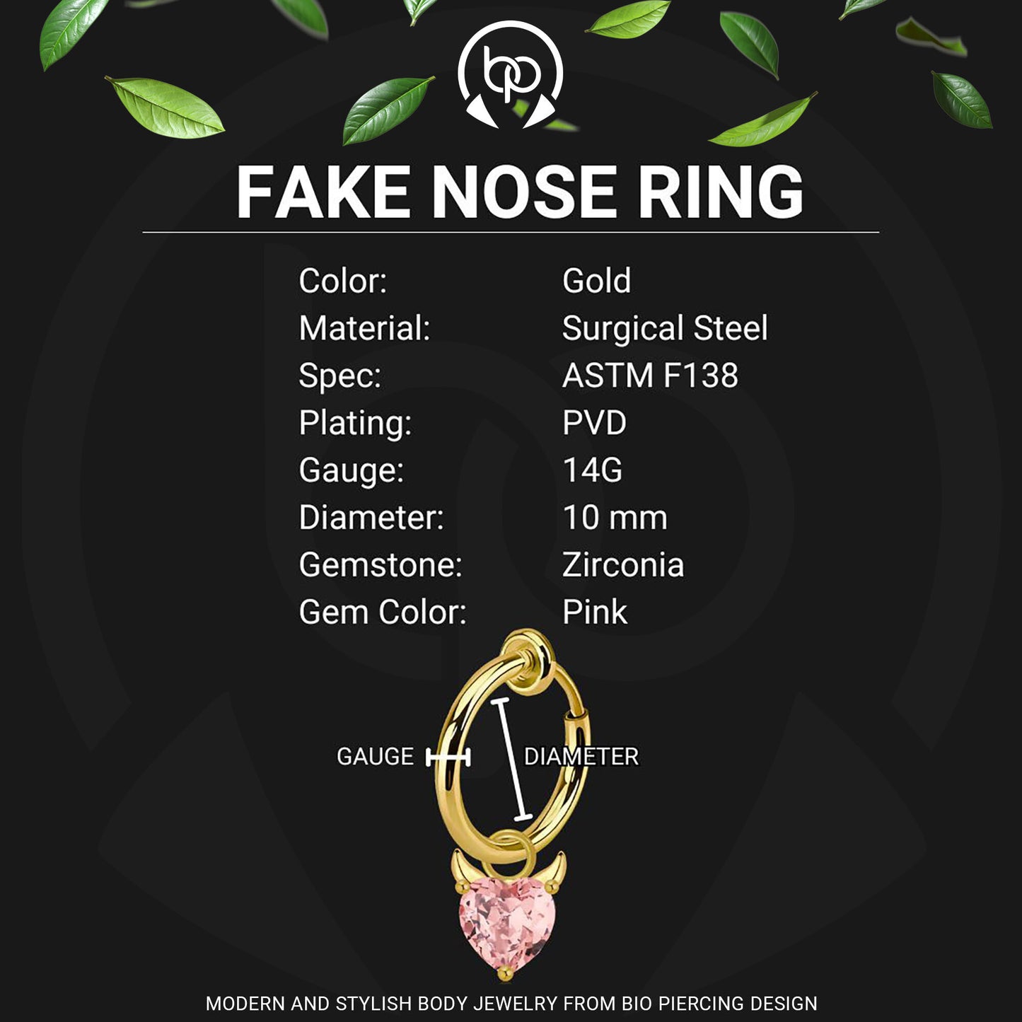 Surgical Steel Fake Ring with Pink Evil Heart