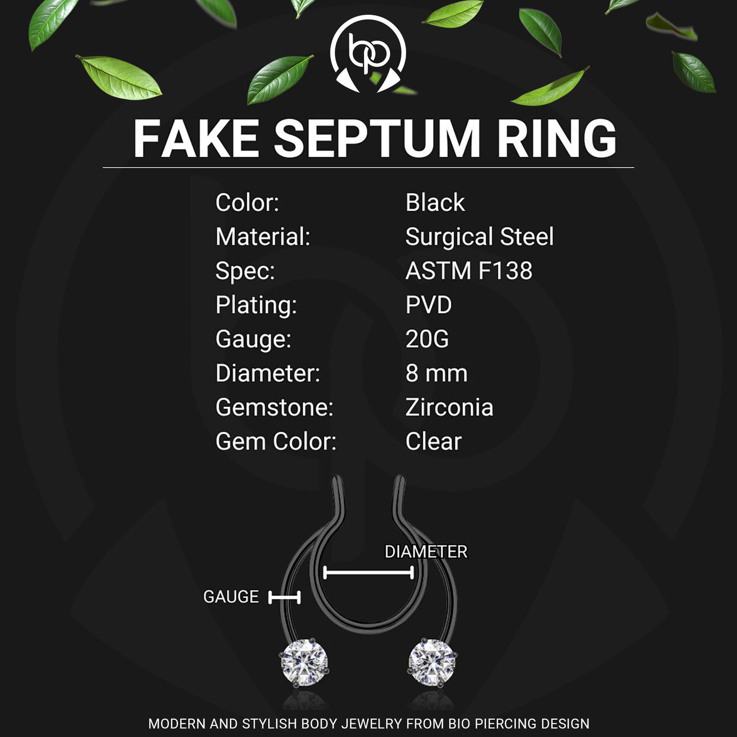 Surgical Steel Septum Cuff with Zirconia Crystals