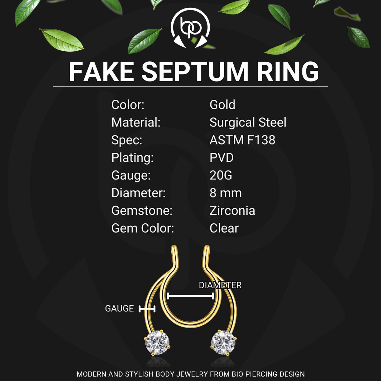 Surgical Steel Septum Cuff with Zirconia Crystals