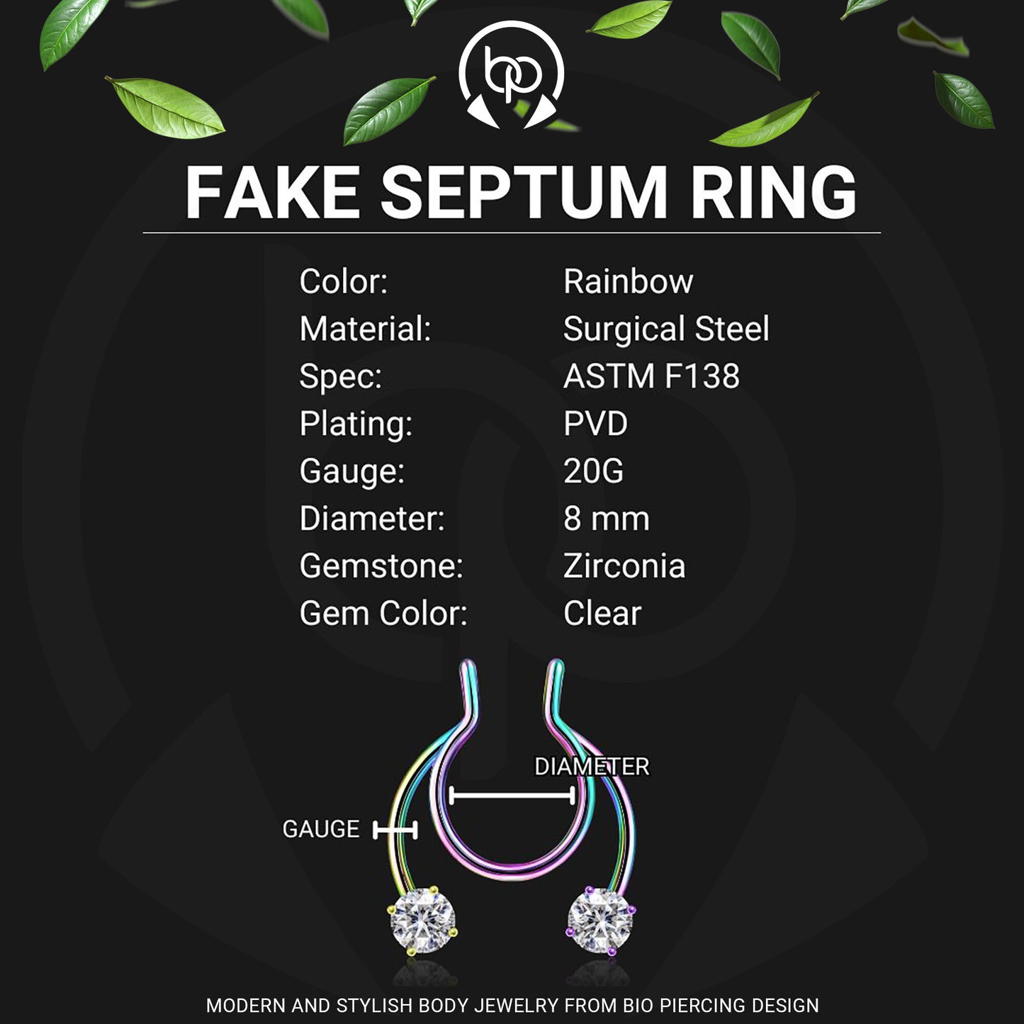 Surgical Steel Septum Cuff with Zirconia Crystals