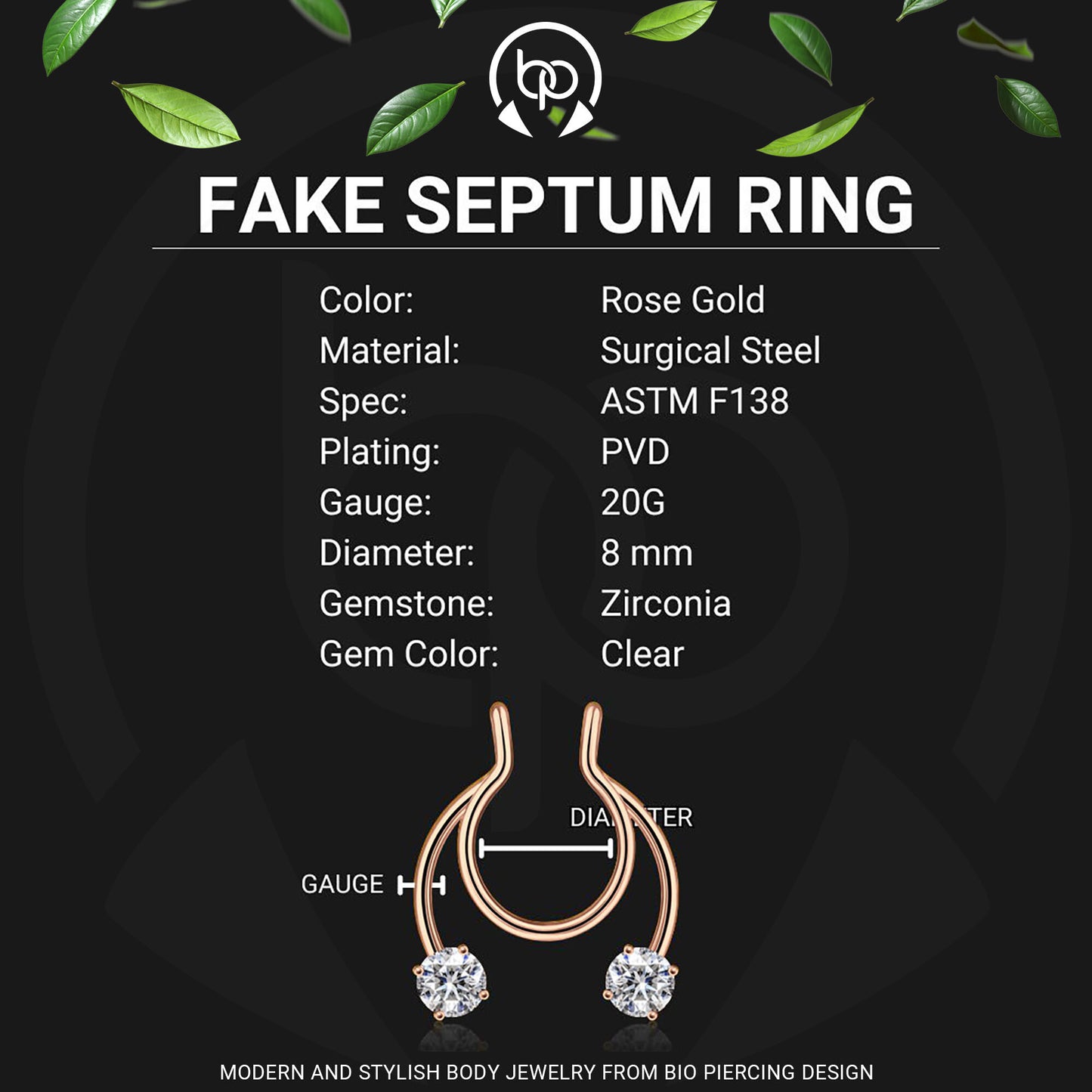 Surgical Steel Septum Cuff with Zirconia Crystals