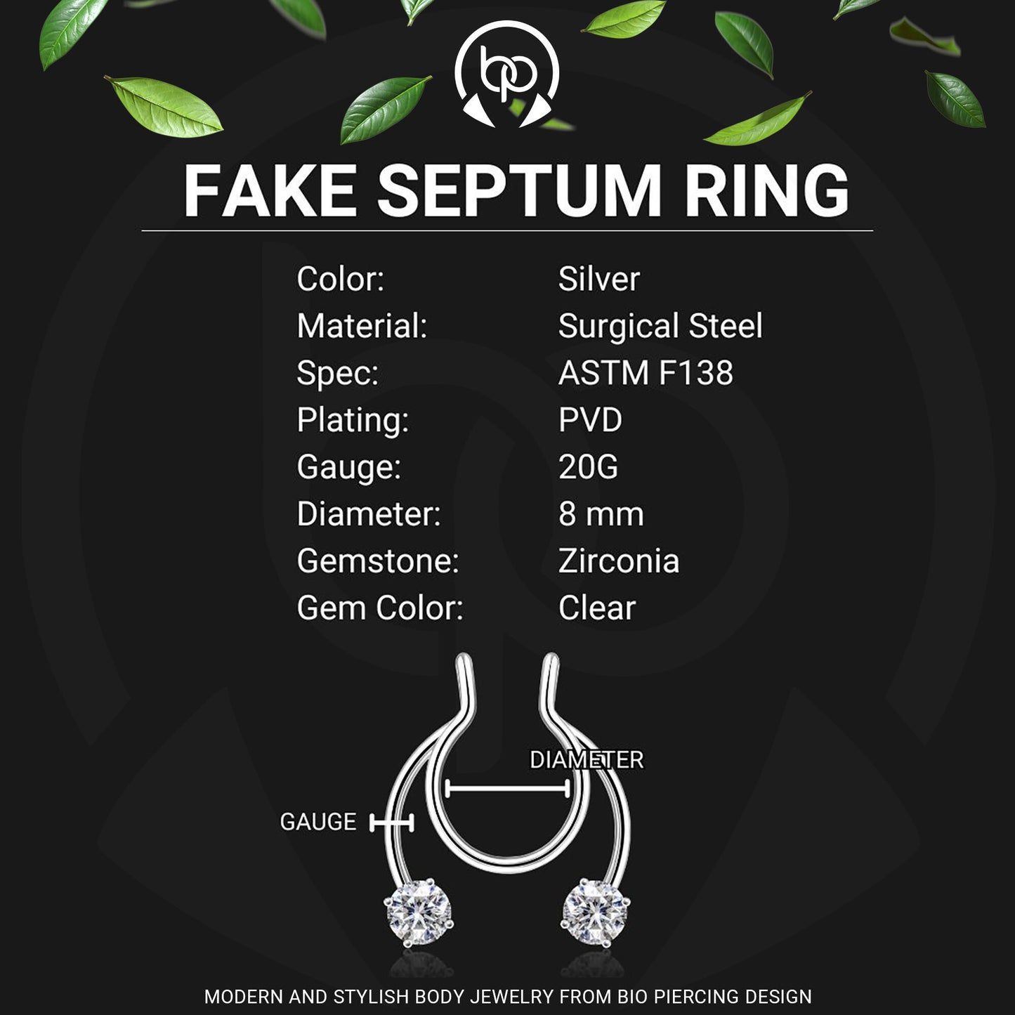 Surgical Steel Septum Cuff with Zirconia Crystals
