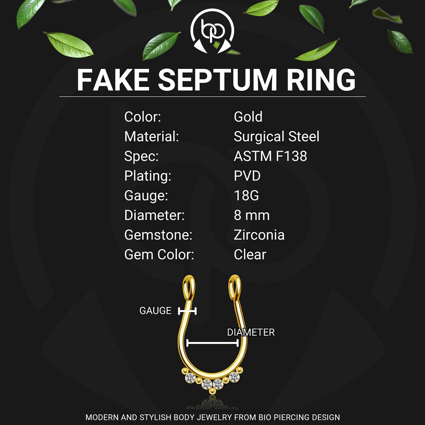 Surgical Steel Septum Cuff with Beads and Crystals
