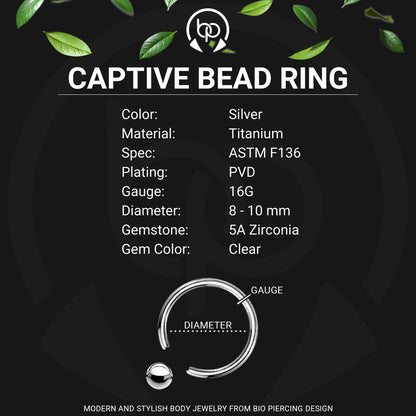 Titanium Captive Bead Ring in Classic Style with Zirconia